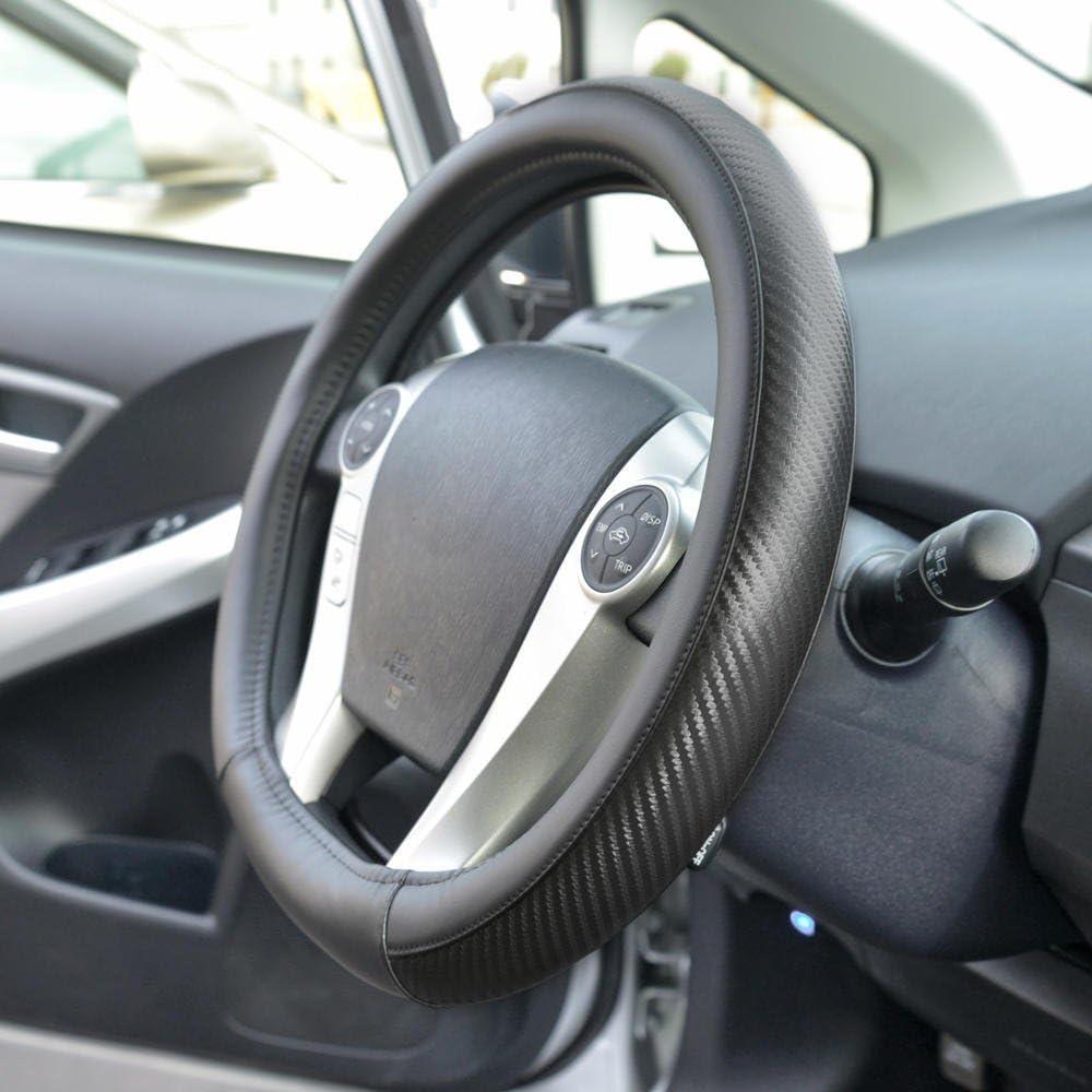 imageBDK Carbon Fiber Steering Wheel Cover White Vinyl with Fiber Accent  Black Carbon 14515 inchBlack