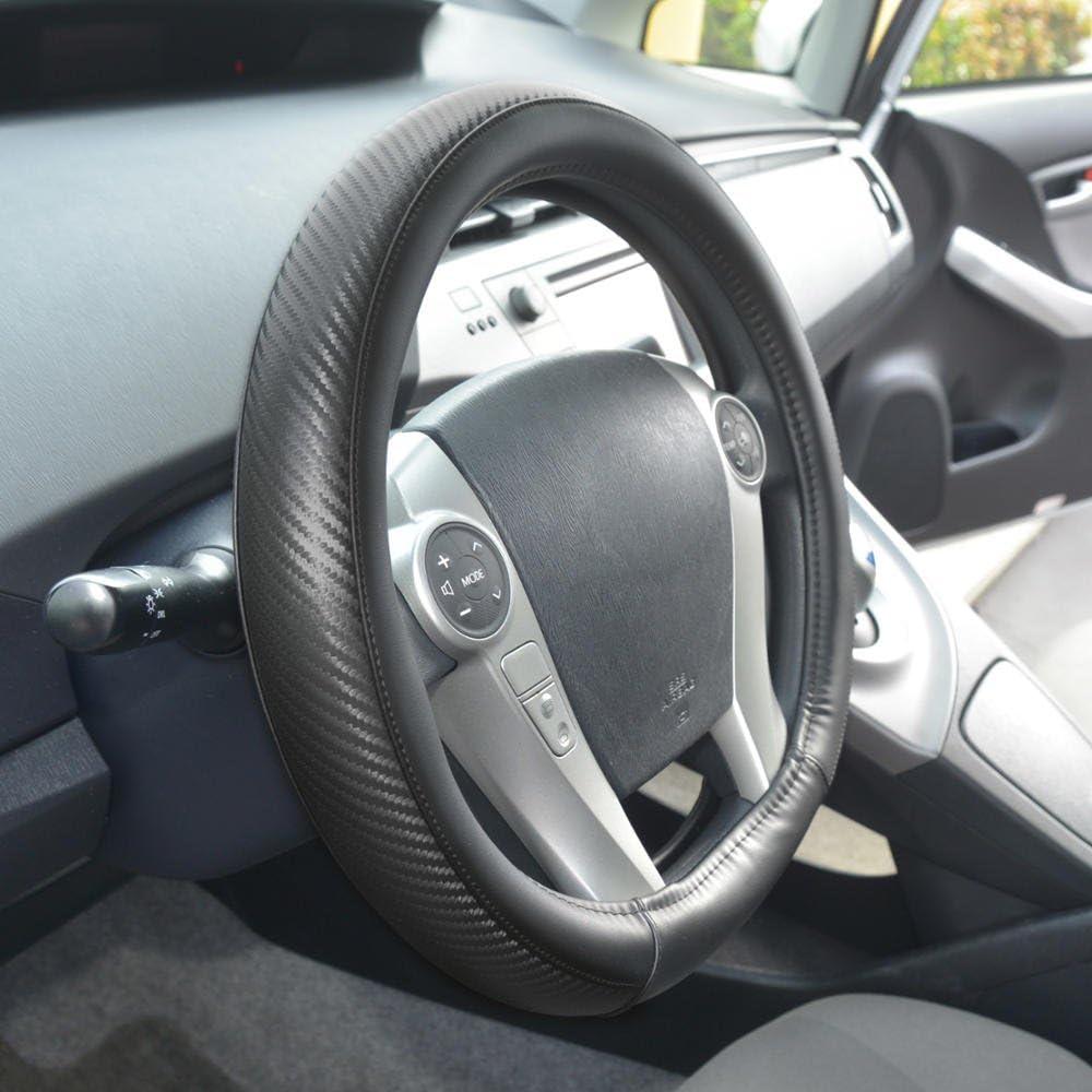 imageBDK Carbon Fiber Steering Wheel Cover White Vinyl with Fiber Accent  Black Carbon 14515 inchBlack
