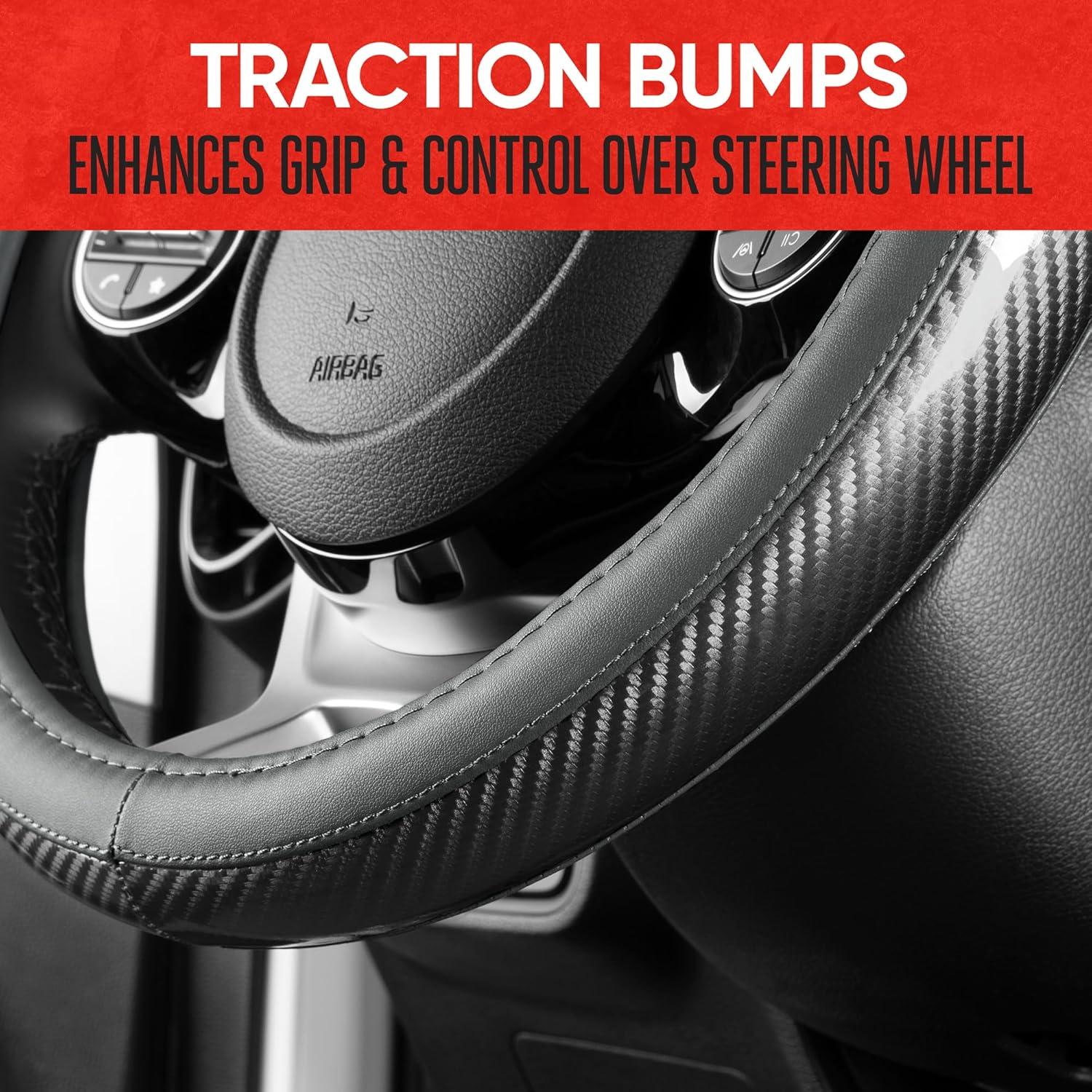 imageMotor Trend Carbon Fiber Grip Steering Wheel Cover  CarbonGripX Charcoal Gray and Black Comfortable NonSlip Design