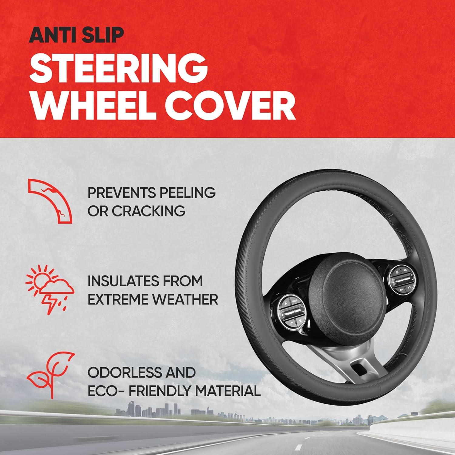 imageMotor Trend Carbon Fiber Grip Steering Wheel Cover  CarbonGripX Charcoal Gray and Black Comfortable NonSlip Design