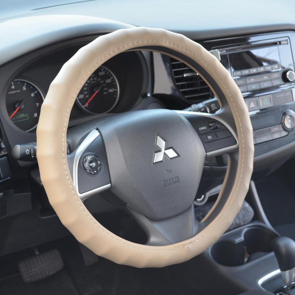 imageMotor Trend Ergonomic Grip Steering Wheel CoverProtector for Small Size Steering Wheels in Cars SUVs Boats 135145quot Grip Drive Pro Comfort Grip BlackBlack StitchingGenuine Leather Beige