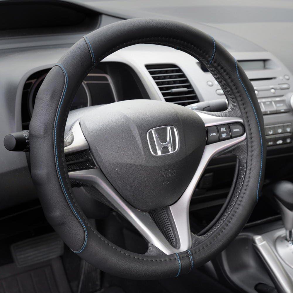 imageMotor Trend Ergonomic Grip Steering Wheel CoverProtector for Small Size Steering Wheels in Cars SUVs Boats 135145quot Grip Drive Pro Comfort Grip BlackBlack StitchingBlack  Blue Stitching