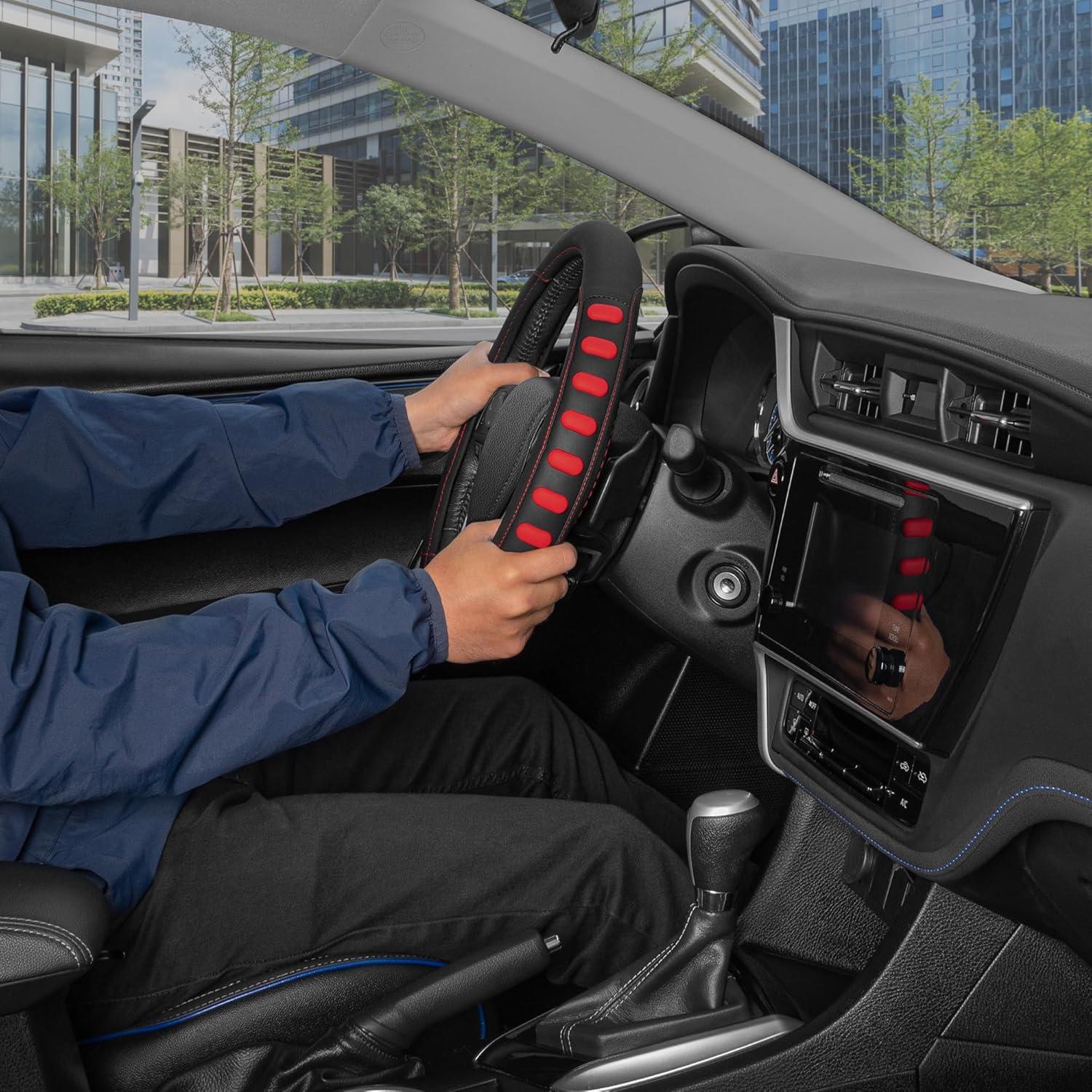 imageMotor Trend FlexGrip Red Steering Wheel Cover for Cars  Standard 15 inch Car Steering Wheel Cover Red and Black Steering Wheel Protector for Auto Truck Van SUVRed Grip