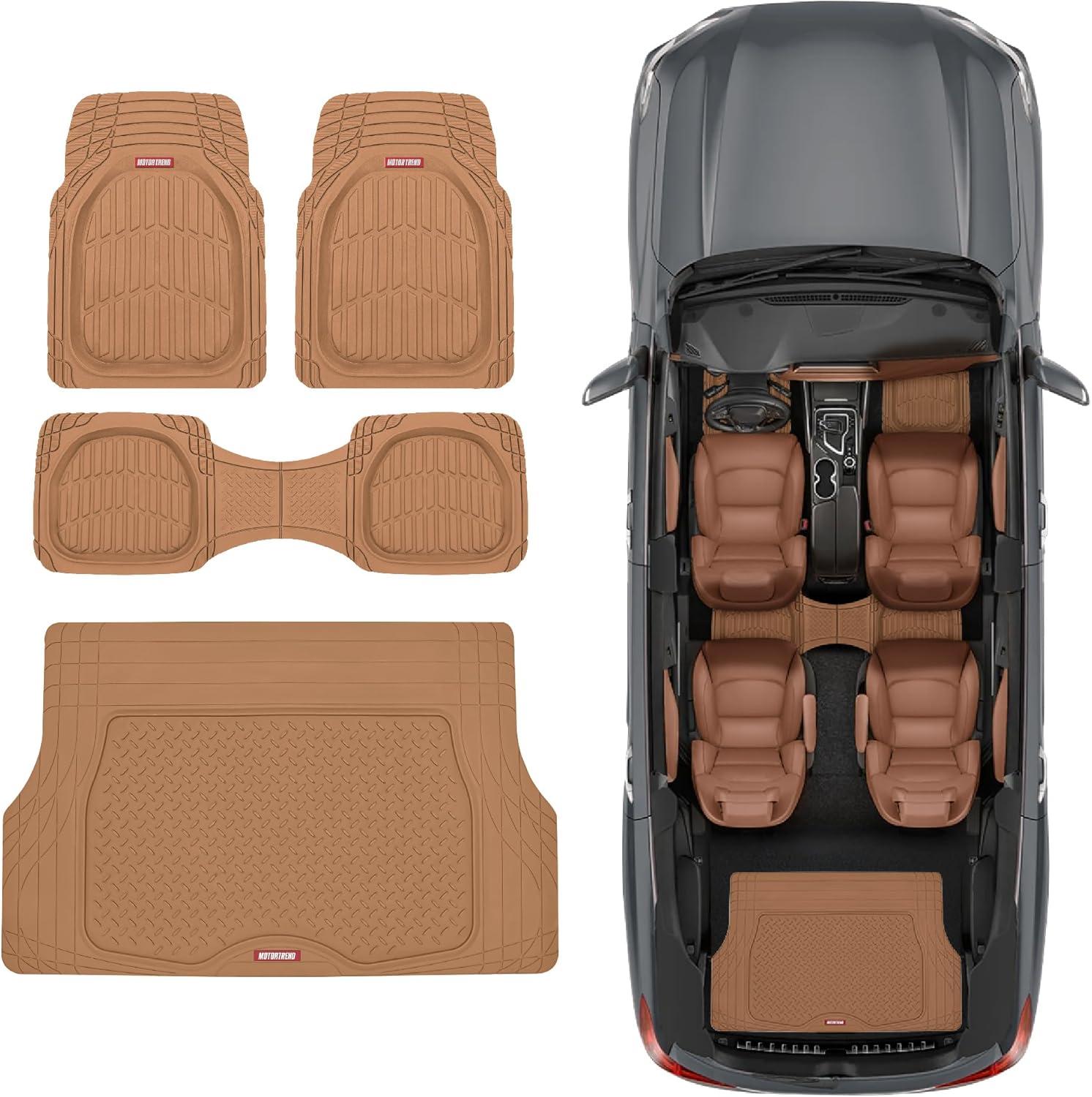 imageMotor Trend FlexTough 4Piece Heavy Duty Floor Mats for Cars Trucks SUVs Automotive Floor Mats Car Mats Full Set Front Rear ampamp Cargo TrimToFit SemiCustom Deep Dish All Weather Rubber Mats  BeigeBeige