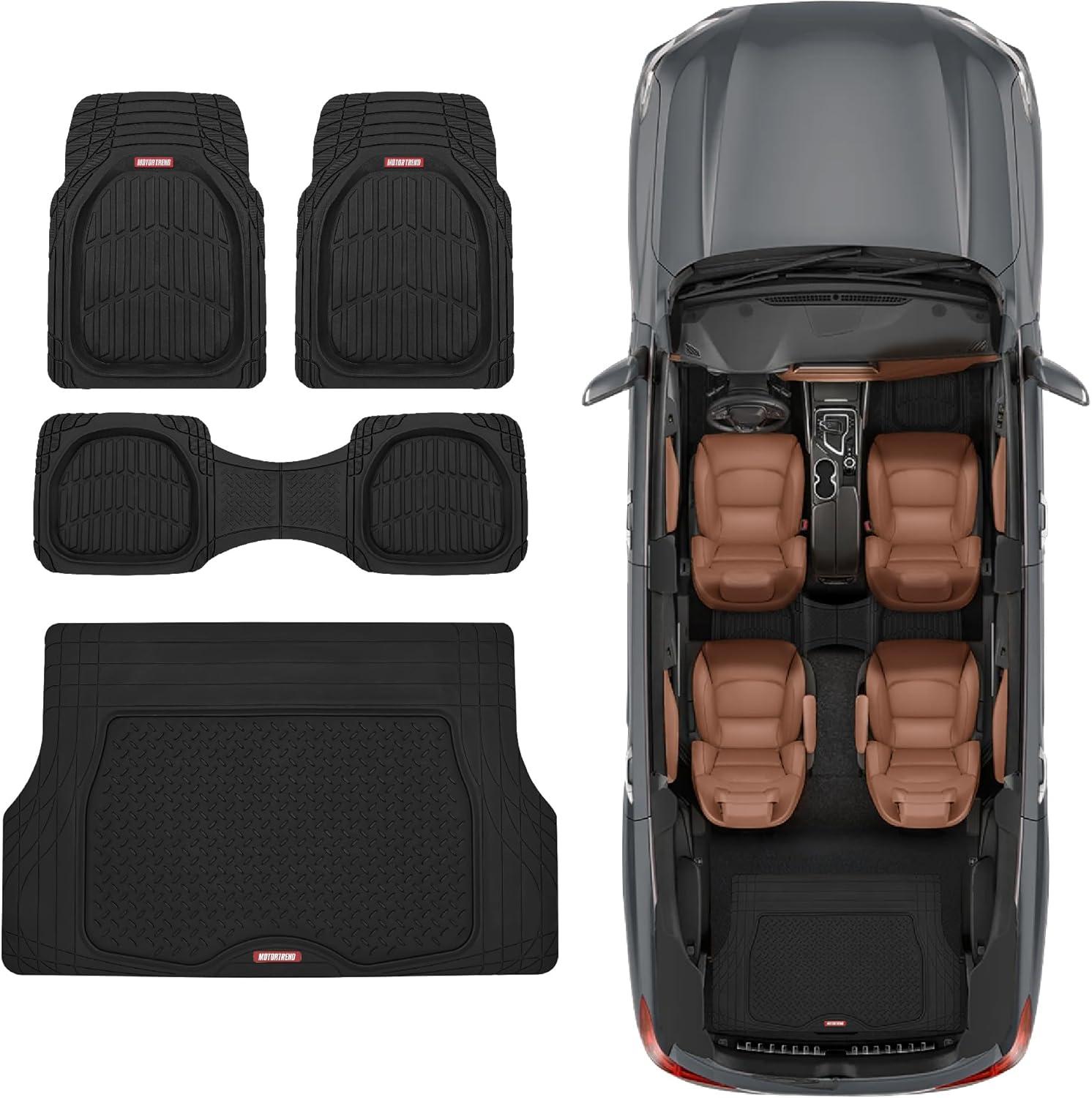 imageMotor Trend FlexTough 4Piece Heavy Duty Floor Mats for Cars Trucks SUVs Automotive Floor Mats Car Mats Full Set Front Rear ampamp Cargo TrimToFit SemiCustom Deep Dish All Weather Rubber Mats  BlackBlack