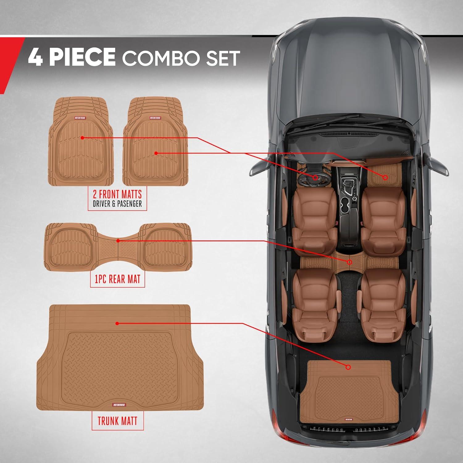 imageMotor Trend FlexTough 4Piece Heavy Duty Floor Mats for Cars Trucks SUVs Automotive Floor Mats Car Mats Full Set Front Rear ampamp Cargo TrimToFit SemiCustom Deep Dish All Weather Rubber Mats  BeigeBeige