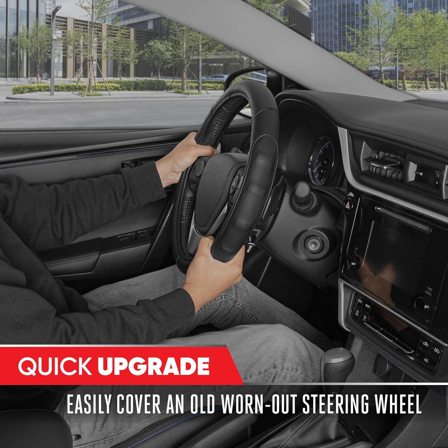 imageMotor Trend GripDrive Faux Black Leather Steering Wheel Cover for Car Truck Van SUV Small 14 inch Size Gray Accent Stitched Car Steering Wheel Cover Vehicle ampamp Auto AccessoriesBlack  Black Accent Stitching