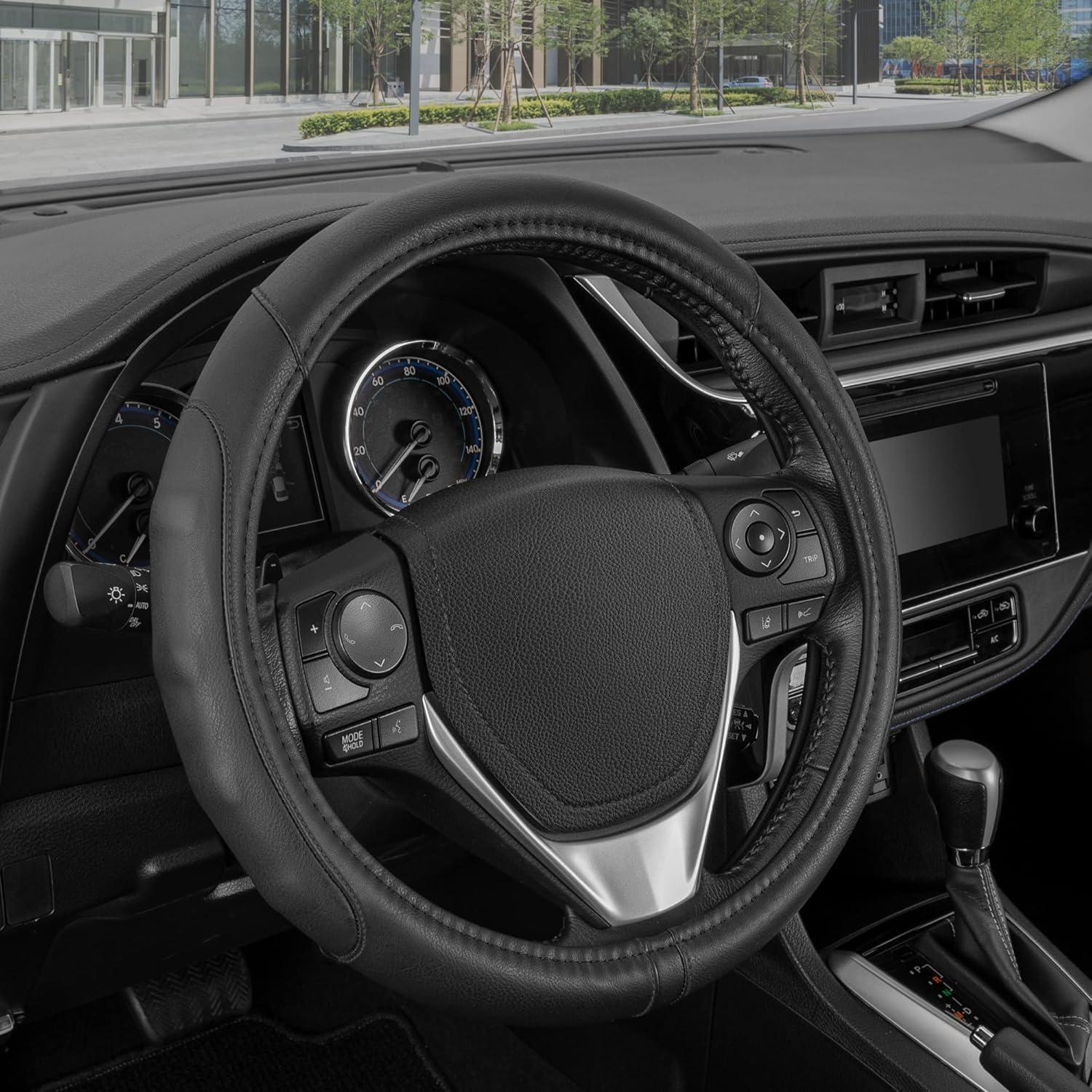 imageMotor Trend GripDrive Faux Black Leather Steering Wheel Cover for Car Truck Van SUV Small 14 inch Size Gray Accent Stitched Car Steering Wheel Cover Vehicle ampamp Auto AccessoriesBlack  Black Accent Stitching