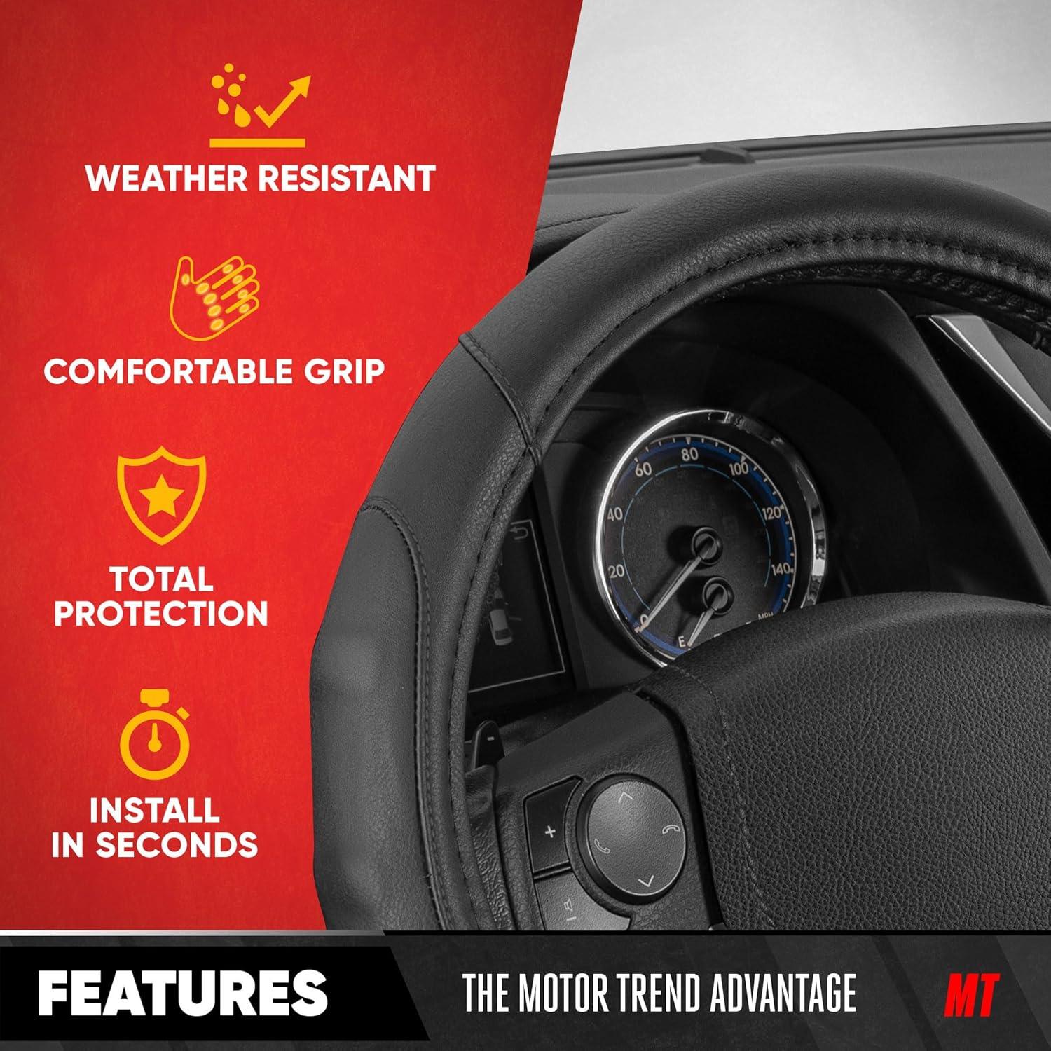 imageMotor Trend GripDrive Faux Black Leather Steering Wheel Cover for Car Truck Van SUV Small 14 inch Size Gray Accent Stitched Car Steering Wheel Cover Vehicle ampamp Auto AccessoriesBlack  Black Accent Stitching