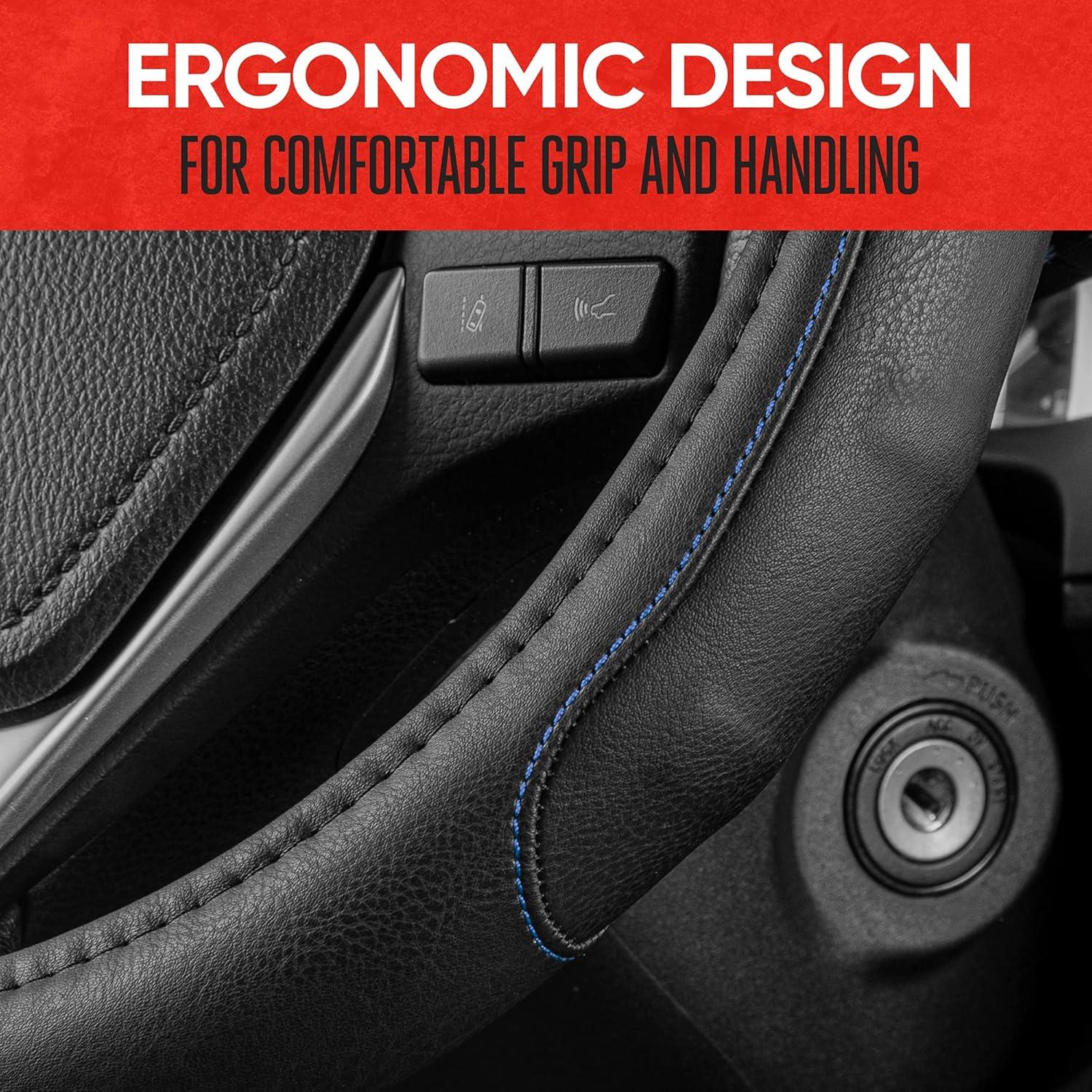 imageMotor Trend GripDrive Faux Black Leather Steering Wheel Cover for Car Truck Van SUV Small 14 inch Size Gray Accent Stitched Car Steering Wheel Cover Vehicle ampamp Auto AccessoriesBlack  Blue Accent Stitching