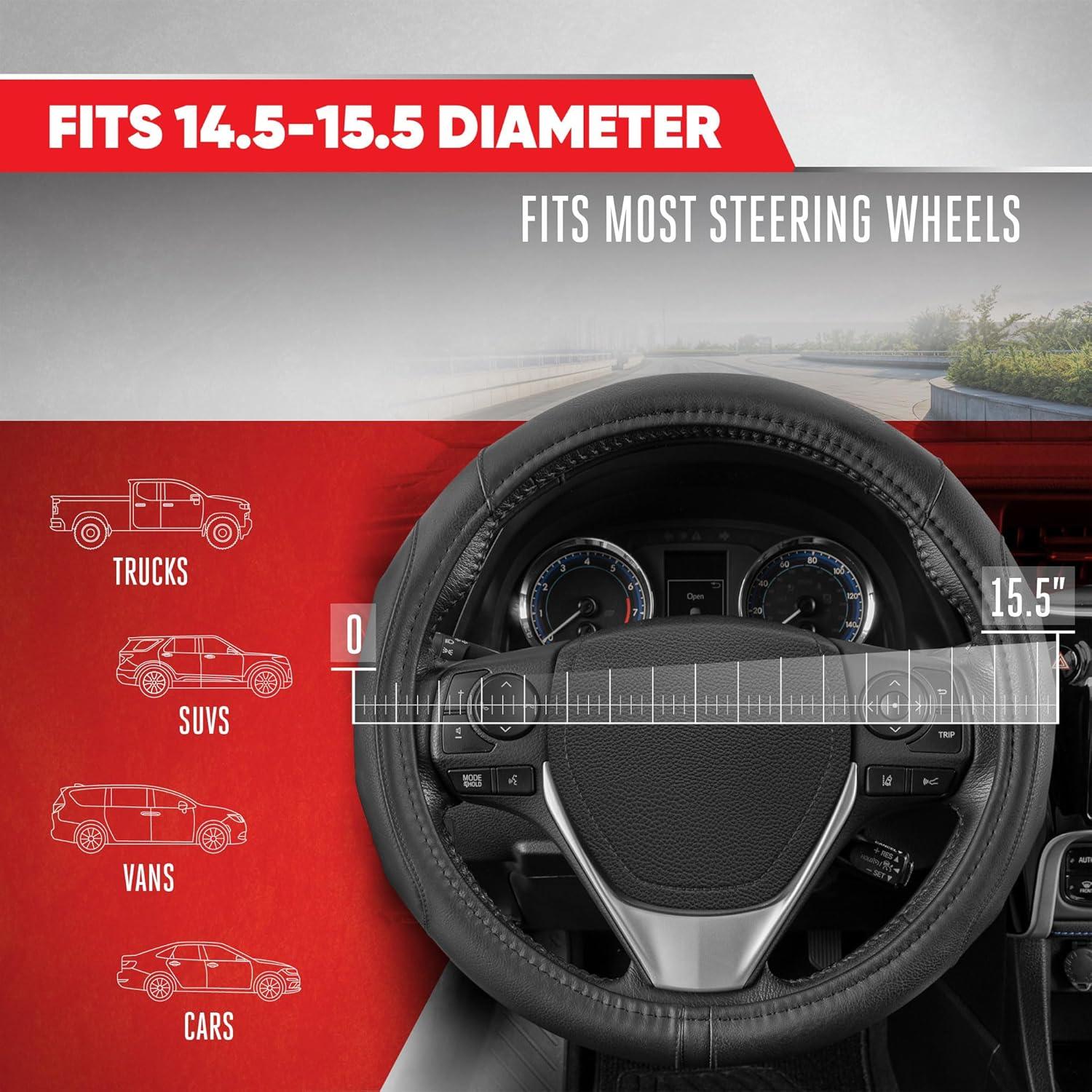 imageMotor Trend GripDrive Faux Black Leather Steering Wheel Cover for Car Truck Van SUV Small 14 inch Size Gray Accent Stitched Car Steering Wheel Cover Vehicle ampamp Auto AccessoriesBlack  Black Accent Stitching