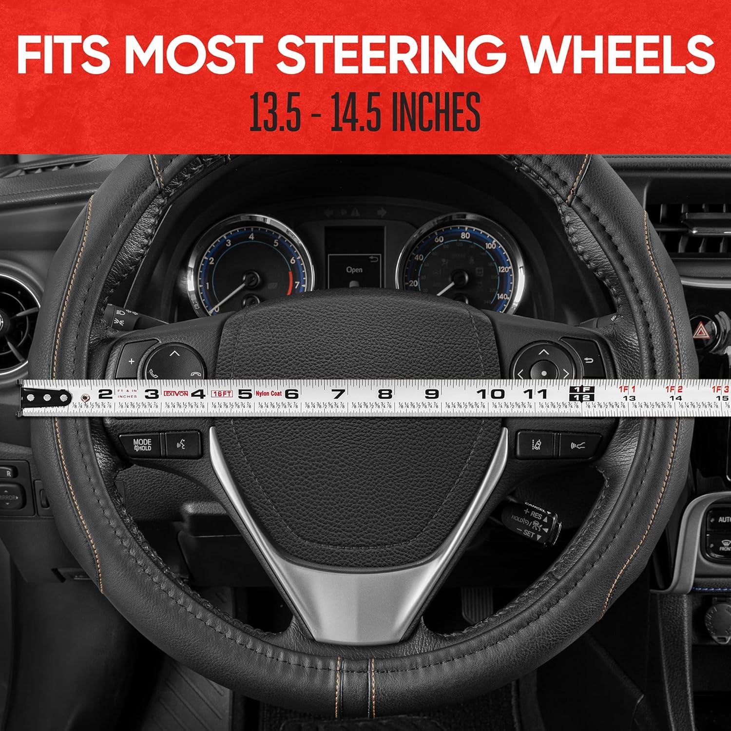 imageMotor Trend GripDrive Faux Black Leather Steering Wheel Cover for Car Truck Van SUV Small 14 inch Size Gray Accent Stitched Car Steering Wheel Cover Vehicle ampamp Auto AccessoriesBlack  Gray Accent Stitching