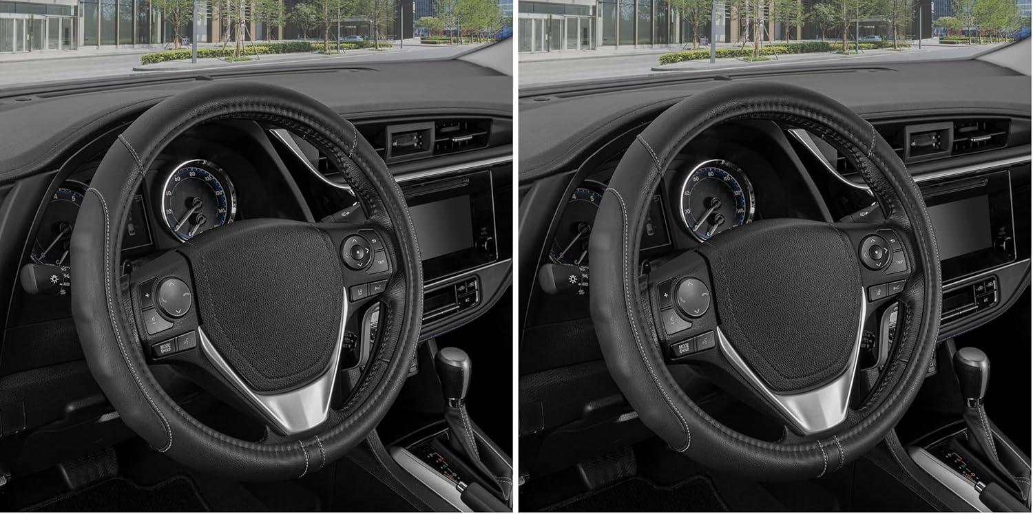 imageMotor Trend GripDrive Faux Black Leather Steering Wheel Cover for Car Truck Van SUV Small 14 inch Size Gray Accent Stitched Car Steering Wheel Cover Vehicle ampamp Auto AccessoriesBlack  Gray Accent Stitching