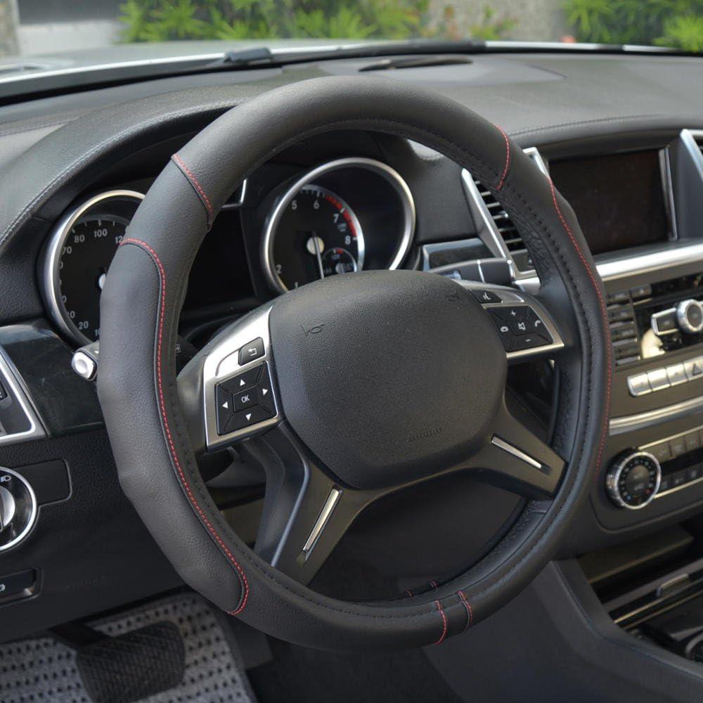 imageMotor Trend GripDrive Faux Black Leather Steering Wheel Cover for Car Truck Van SUV Small 14 inch Size Gray Accent Stitched Car Steering Wheel Cover Vehicle ampamp Auto AccessoriesBlack  Red Accent Stitching