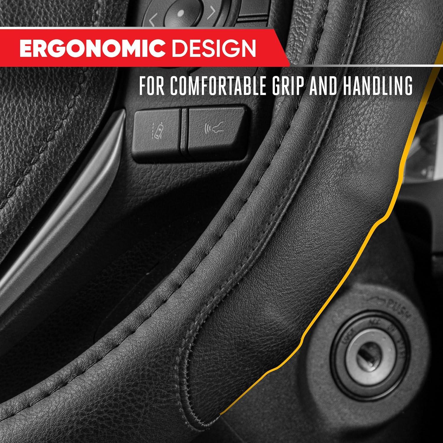 imageMotor Trend GripDrive Faux Black Leather Steering Wheel Cover for Car Truck Van SUV Small 14 inch Size Gray Accent Stitched Car Steering Wheel Cover Vehicle ampamp Auto AccessoriesBlack  Black Accent Stitching