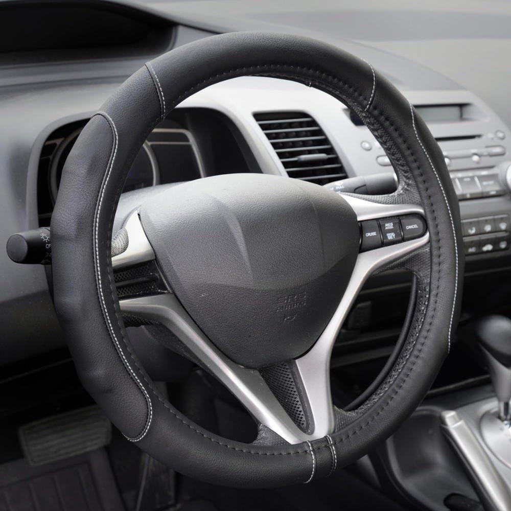 imageMotor Trend GripDrive Faux Black Leather Steering Wheel Cover for Car Truck Van SUV Small 14 inch Size Gray Accent Stitched Car Steering Wheel Cover Vehicle ampamp Auto AccessoriesBlack  Gray Accent Stitching