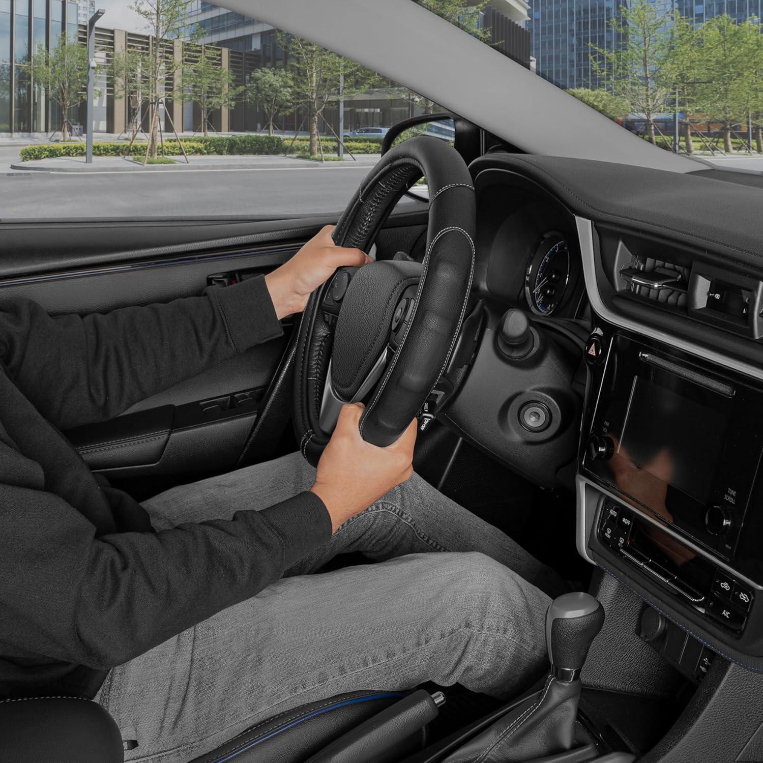 imageMotor Trend GripDrive Faux Black Leather Steering Wheel Cover for Car Truck Van SUV Small 14 inch Size Gray Accent Stitched Car Steering Wheel Cover Vehicle ampamp Auto AccessoriesBlack  Gray Accent Stitching