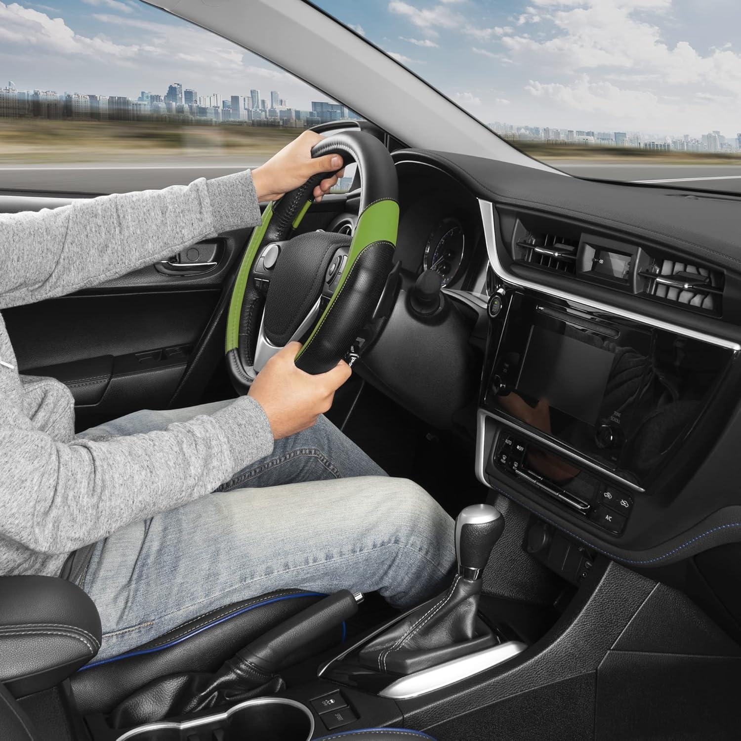 imageMotor Trend GripPlus Black Carbon Fiber Steering Wheel Cover Standard 15 inch Size Advanced Traction Grip Car Steering Wheel Cover for Truck Van SUV AutoGreen Sport Drive