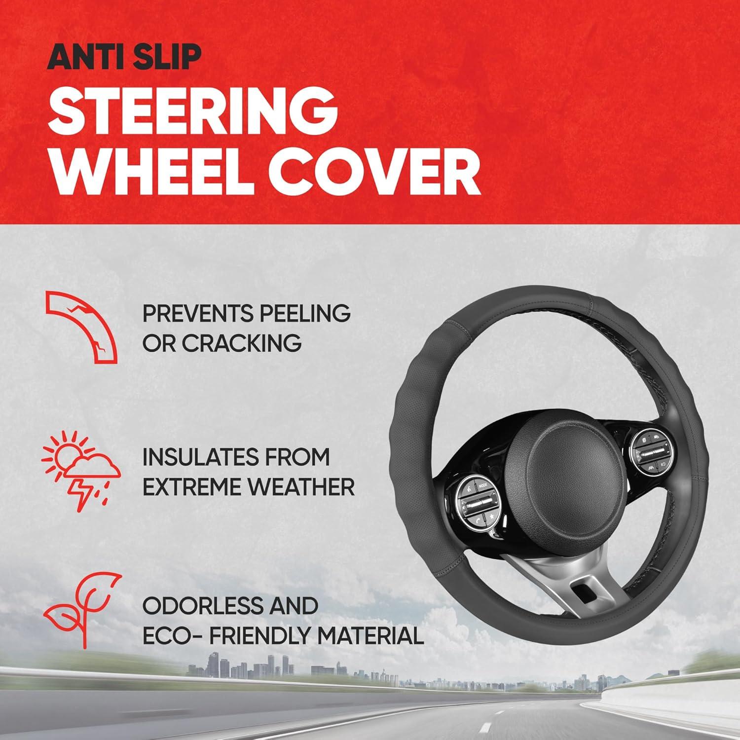 imageMotor Trend GripPlus Black Carbon Fiber Steering Wheel Cover Standard 15 inch Size Advanced Traction Grip Car Steering Wheel Cover for Truck Van SUV AutoGray