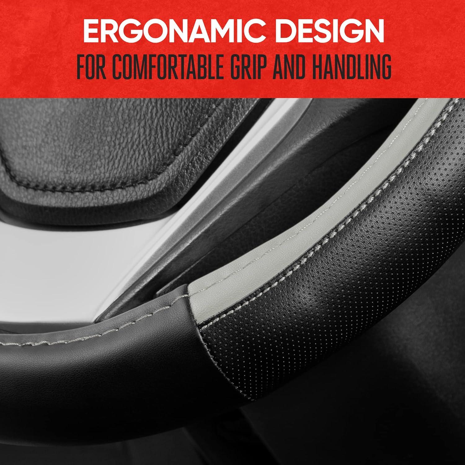 imageMotor Trend GripPlus Black Carbon Fiber Steering Wheel Cover Standard 15 inch Size Advanced Traction Grip Car Steering Wheel Cover for Truck Van SUV AutoLight Gray Sport Drive