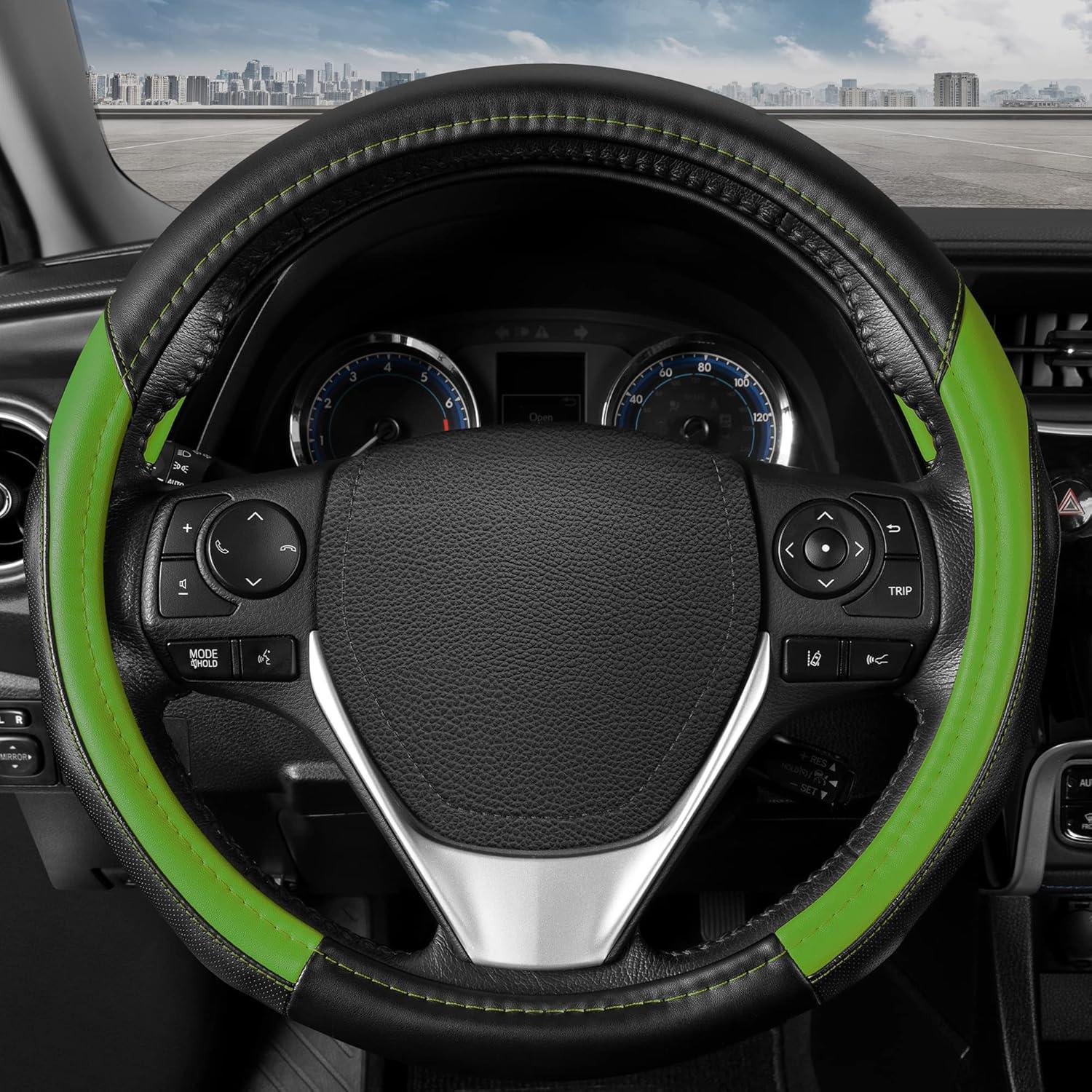imageMotor Trend GripPlus Black Carbon Fiber Steering Wheel Cover Standard 15 inch Size Advanced Traction Grip Car Steering Wheel Cover for Truck Van SUV AutoGreen Sport Drive