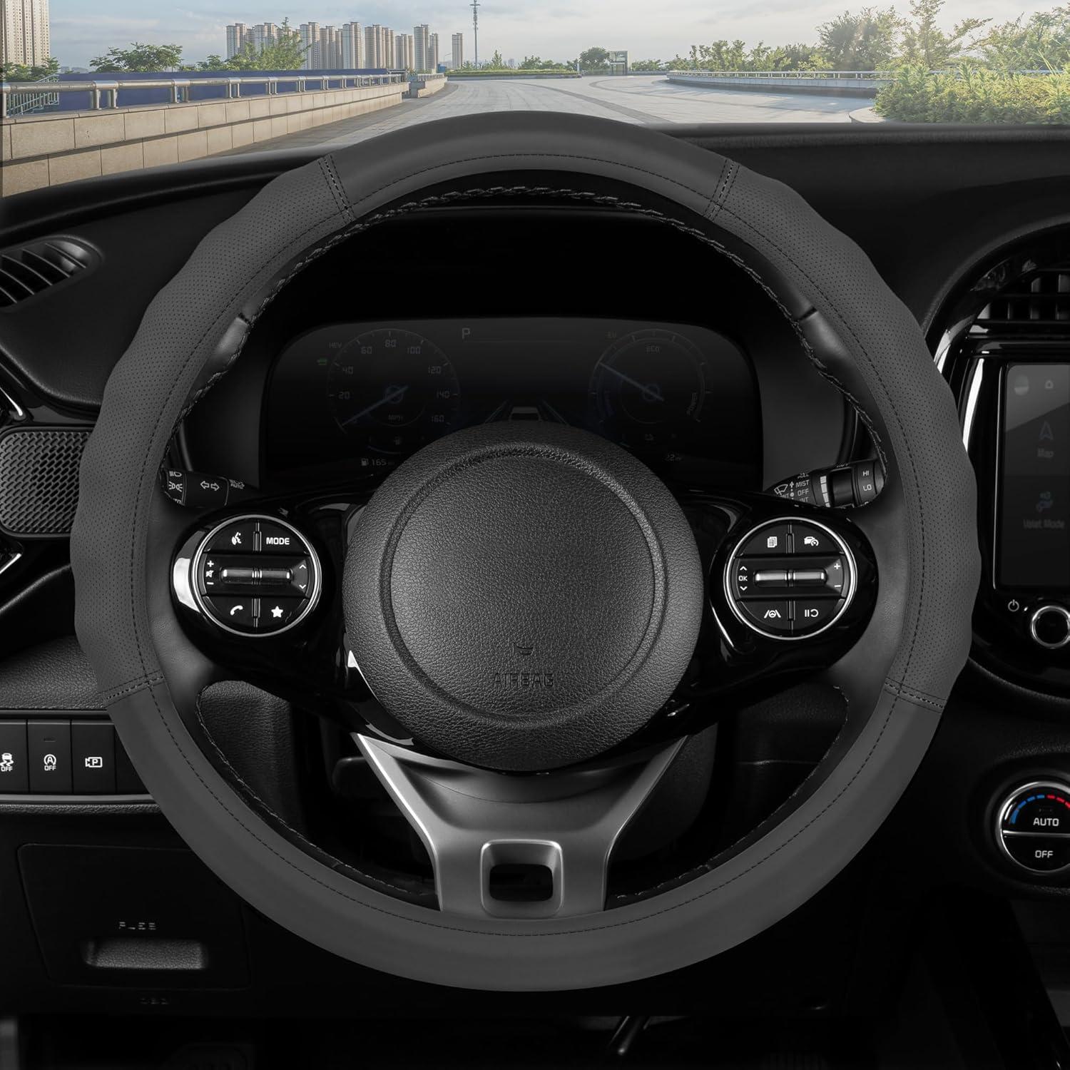 imageMotor Trend GripPlus Black Carbon Fiber Steering Wheel Cover Standard 15 inch Size Advanced Traction Grip Car Steering Wheel Cover for Truck Van SUV AutoGray