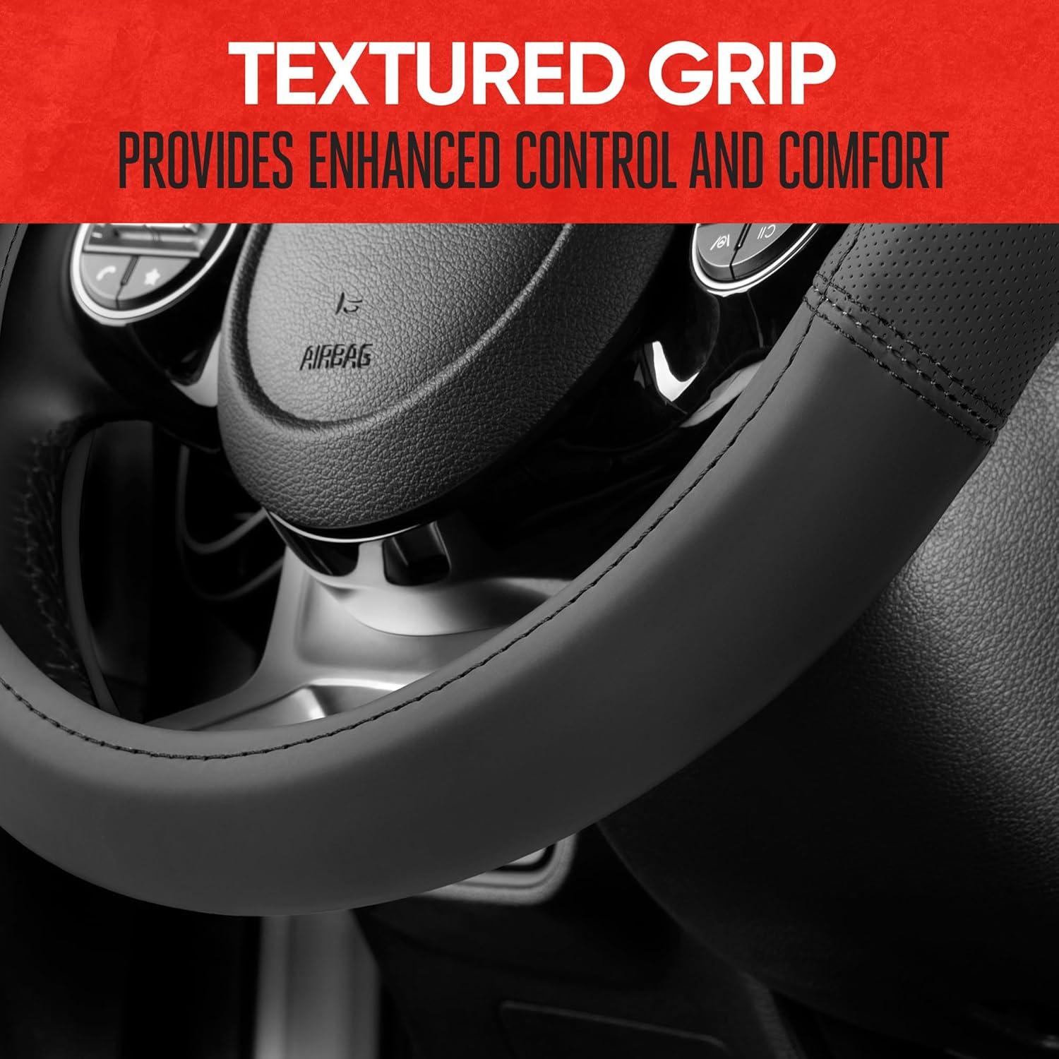 imageMotor Trend GripPlus Black Carbon Fiber Steering Wheel Cover Standard 15 inch Size Advanced Traction Grip Car Steering Wheel Cover for Truck Van SUV AutoGray