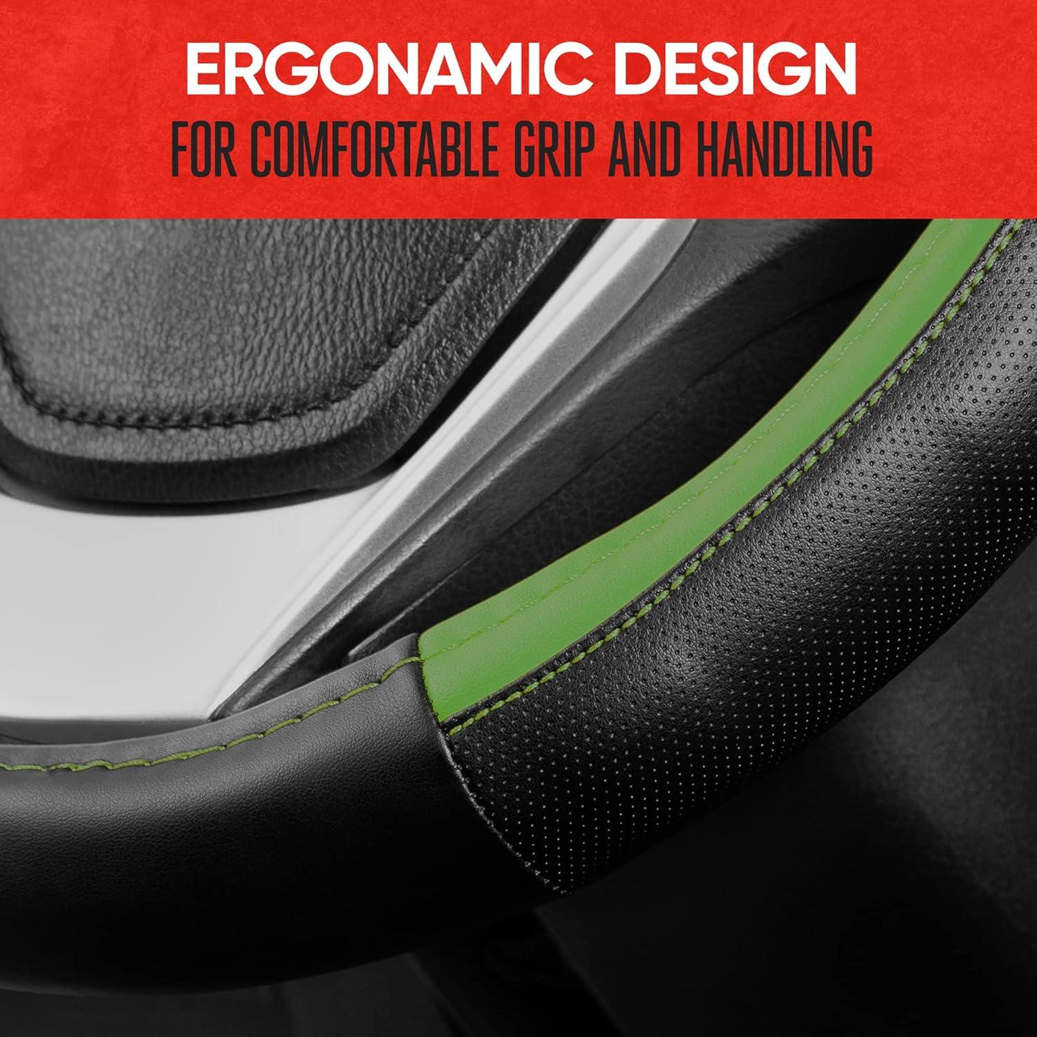 imageMotor Trend GripPlus Black Carbon Fiber Steering Wheel Cover Standard 15 inch Size Advanced Traction Grip Car Steering Wheel Cover for Truck Van SUV AutoGreen Sport Drive