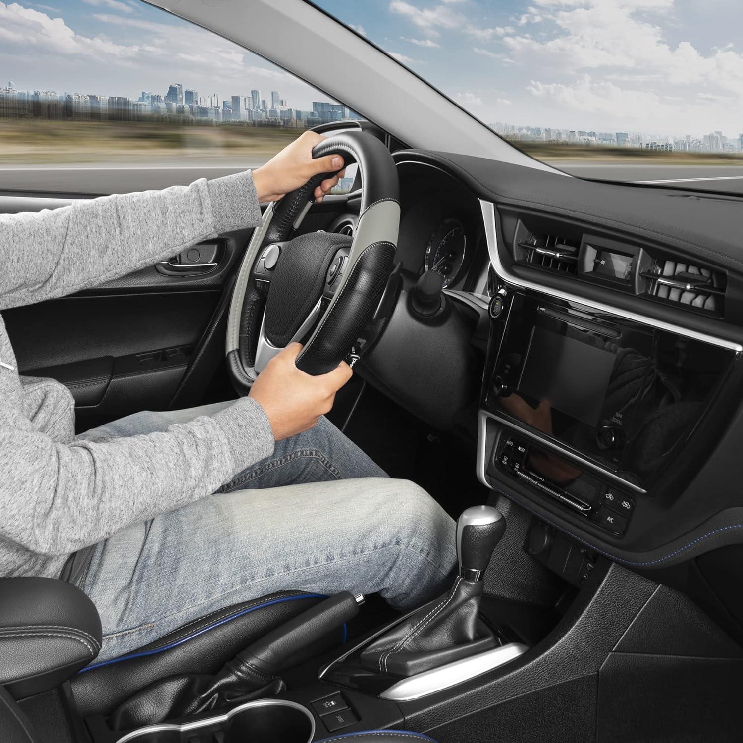 imageMotor Trend GripPlus Black Carbon Fiber Steering Wheel Cover Standard 15 inch Size Advanced Traction Grip Car Steering Wheel Cover for Truck Van SUV AutoLight Gray Sport Drive