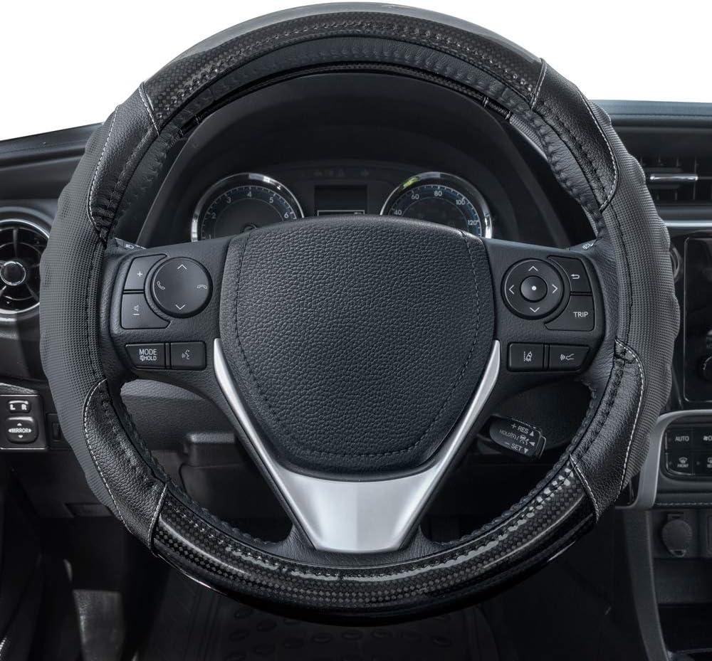 imageMotor Trend GripPlus Black Carbon Fiber Steering Wheel Cover Standard 15 inch Size Advanced Traction Grip Car Steering Wheel Cover for Truck Van SUV AutoGray Grip Plus