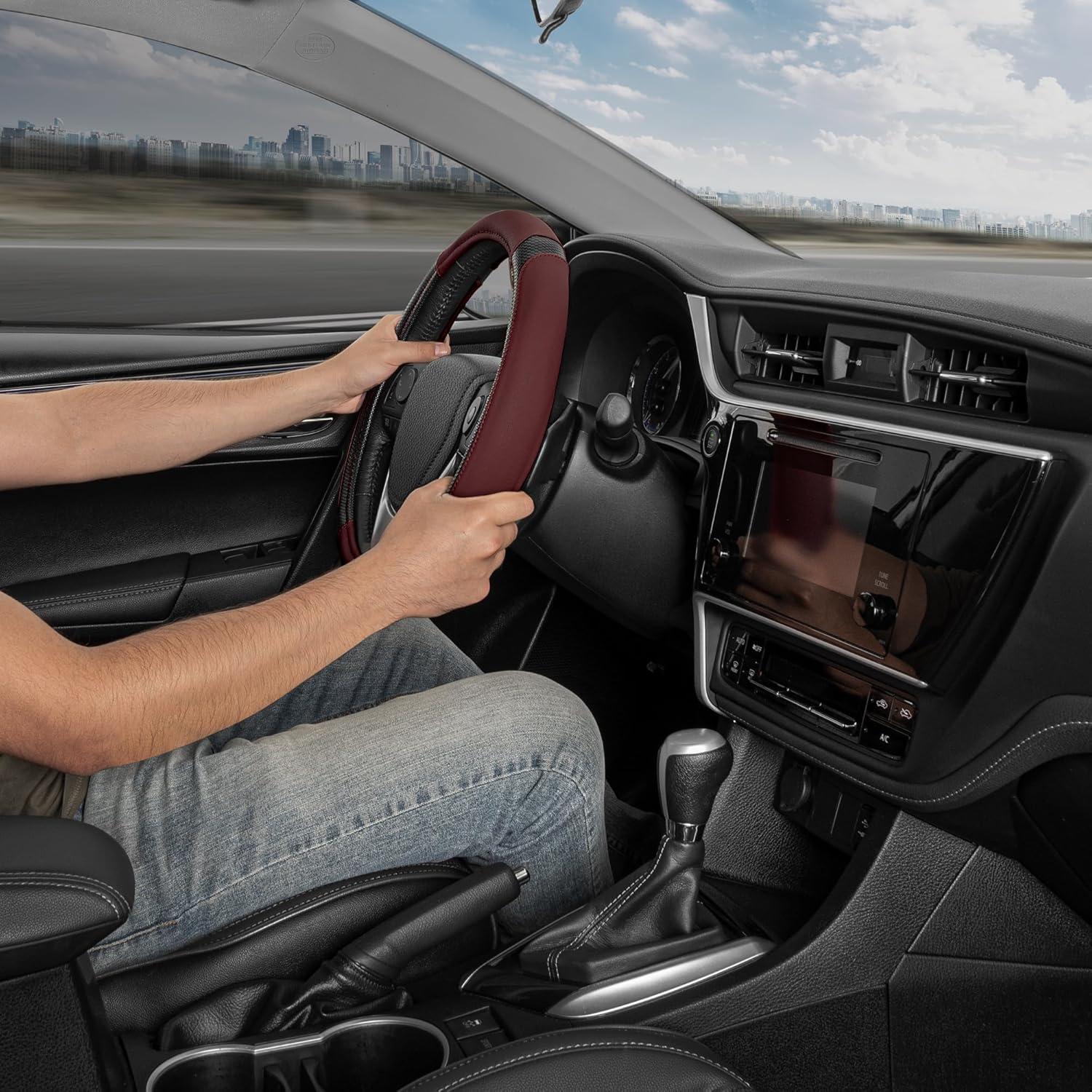 imageMotor Trend GripTech Sport Burgundy Steering Wheel Cover  Enhanced Traction and Comfort for Car Truck Van SUV  15 inch TwoTone DesignBurgundy