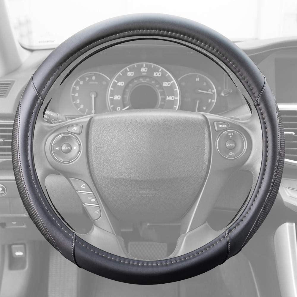 imageMotor Trend Perforated Microfiber Leather Steering Wheel Cover for Cars Trucks SUVs Vans Sporty Racing Improved Grip AntiFatigue Ergonomic Design Airbag Compatible  Fits Standard 15quot Inch  BeigeWhite Stitching  Black