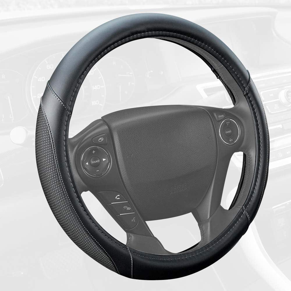 imageMotor Trend Perforated Microfiber Leather Steering Wheel Cover for Cars Trucks SUVs Vans Sporty Racing Improved Grip AntiFatigue Ergonomic Design Airbag Compatible  Fits Standard 15quot Inch  BeigeWhite Stitching  Black