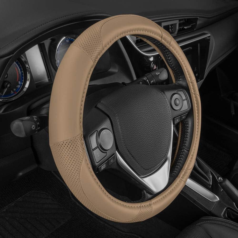 imageMotor Trend Perforated Microfiber Leather Steering Wheel Cover for Cars Trucks SUVs Vans Sporty Racing Improved Grip AntiFatigue Ergonomic Design Airbag Compatible  Fits Standard 15quot Inch  BeigeALL BEIGE