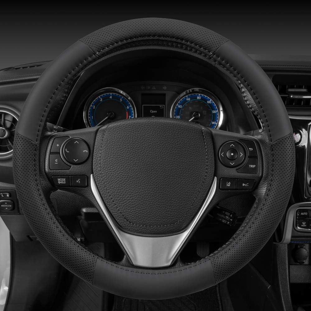 imageMotor Trend Perforated Microfiber Leather Steering Wheel Cover for Cars Trucks SUVs Vans Sporty Racing Improved Grip AntiFatigue Ergonomic Design Airbag Compatible  Fits Standard 15quot Inch  BeigeALL BLACK