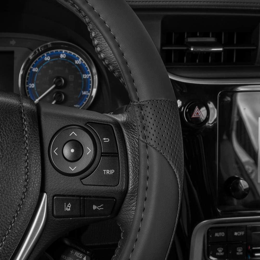 imageMotor Trend Perforated Microfiber Leather Steering Wheel Cover for Cars Trucks SUVs Vans Sporty Racing Improved Grip AntiFatigue Ergonomic Design Airbag Compatible  Fits Standard 15quot Inch  BeigeALL BLACK