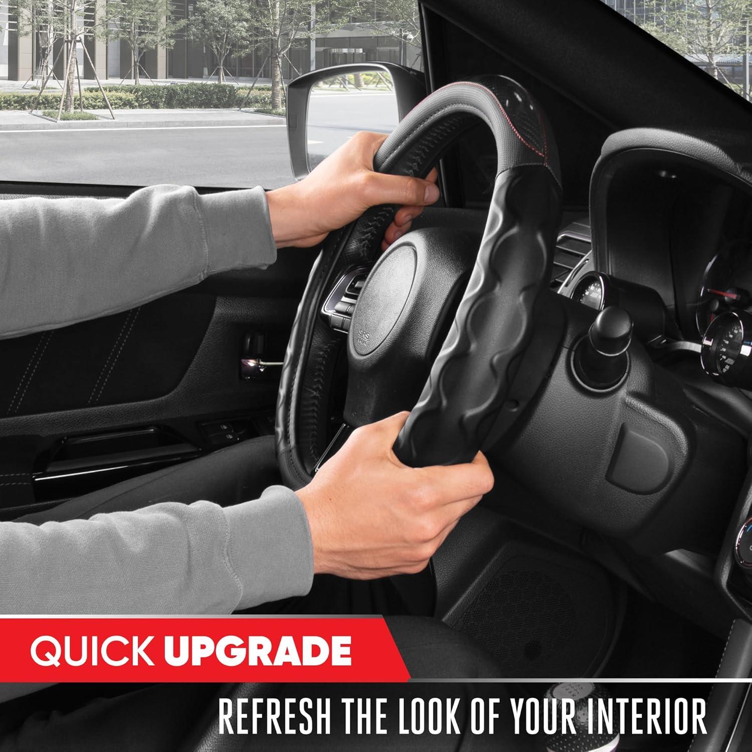 imageMotor Trend Redline DShaped Steering Wheel Cover  Premium Flat Bottom Car Steering Wheel Cover Black Faux Leather Sterring Wheel Cover Standard 15 inchRedline