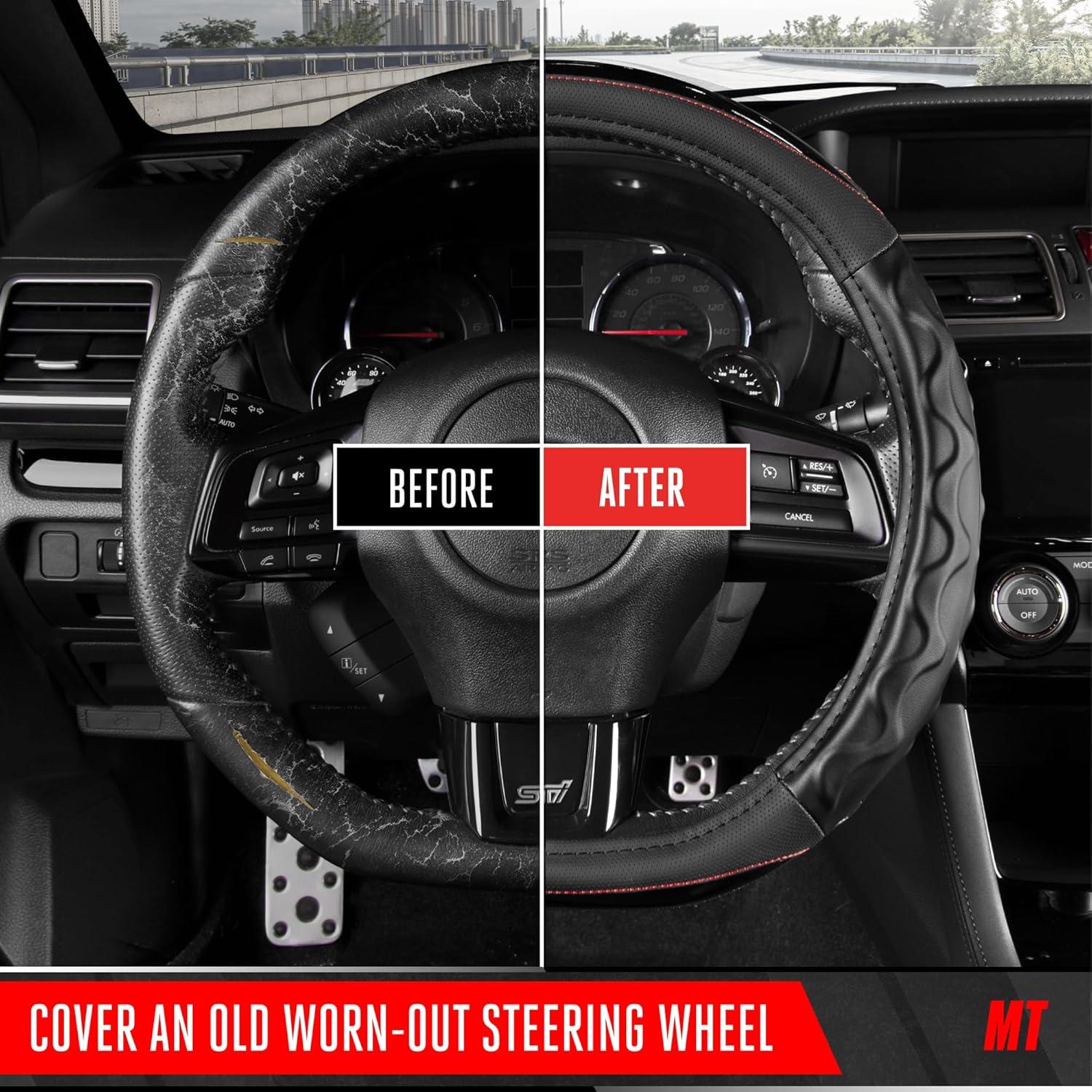 imageMotor Trend Redline DShaped Steering Wheel Cover  Premium Flat Bottom Car Steering Wheel Cover Black Faux Leather Sterring Wheel Cover Standard 15 inchRedline