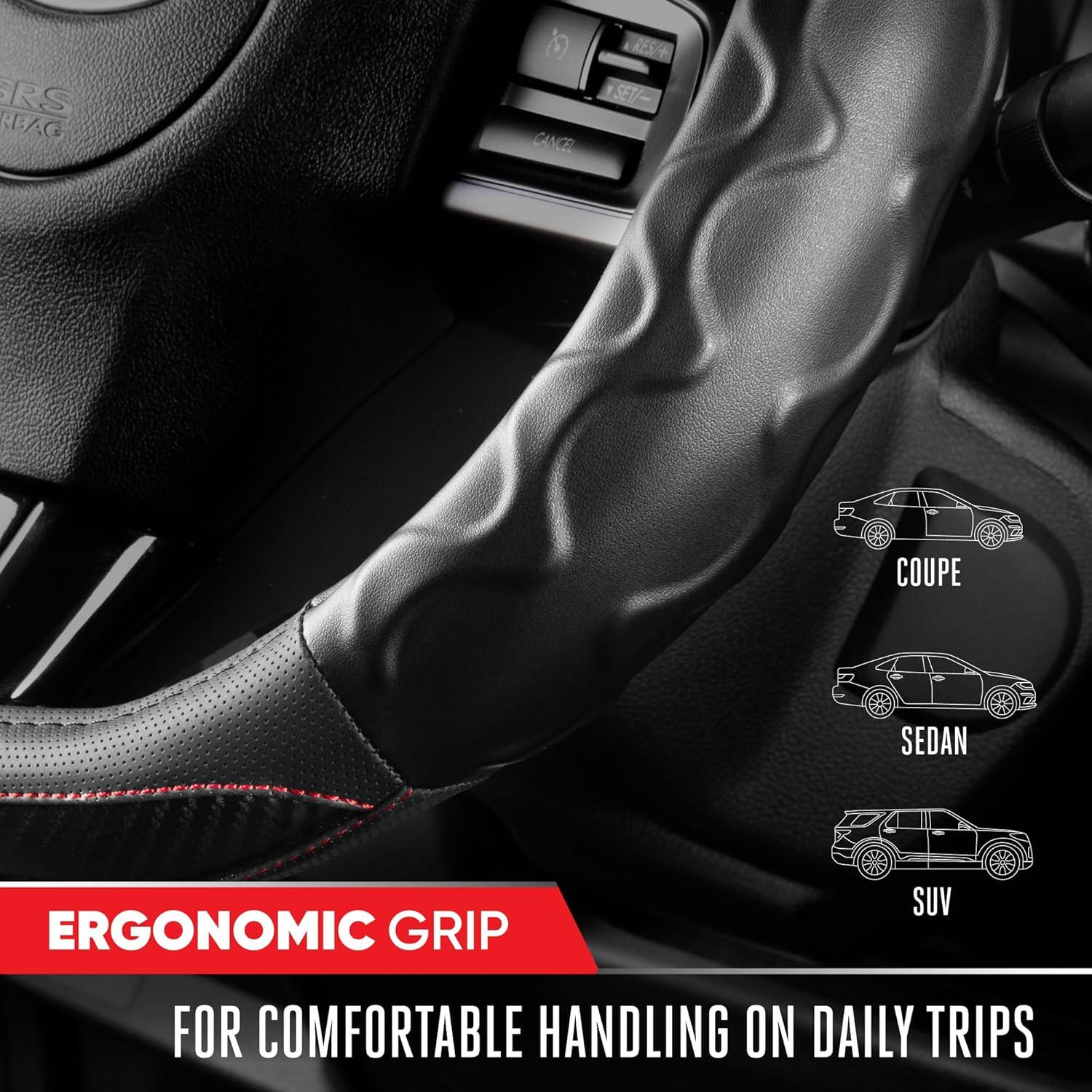 imageMotor Trend Redline DShaped Steering Wheel Cover  Premium Flat Bottom Car Steering Wheel Cover Black Faux Leather Sterring Wheel Cover Standard 15 inchRedline