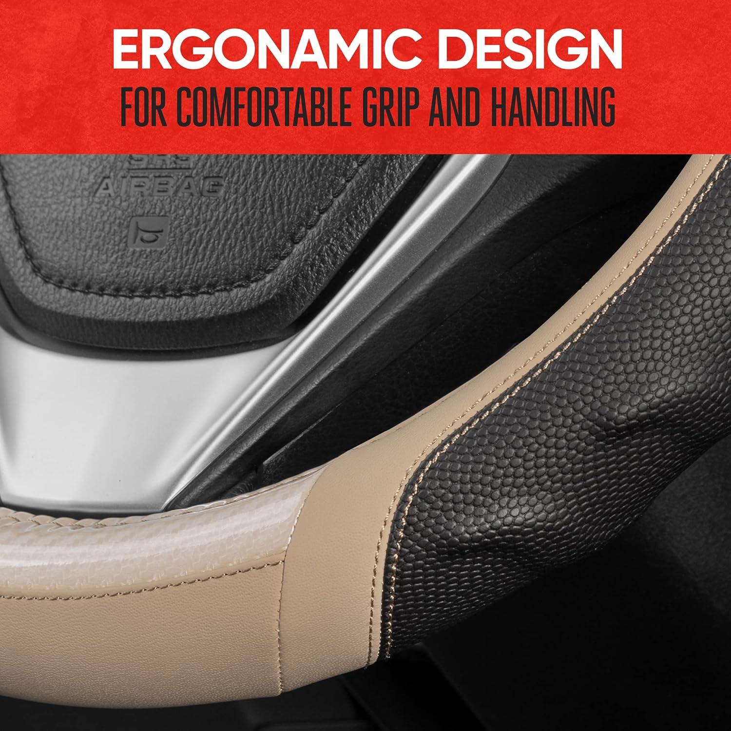 imageMotor Trend SW812 Orange Ultra Sport Pebbled Leather Steering Wheel Cover with Carbon Fiber DetailUniversal Fit for Standard Sizes 145 to 155 inches BlackBeige UltraSport