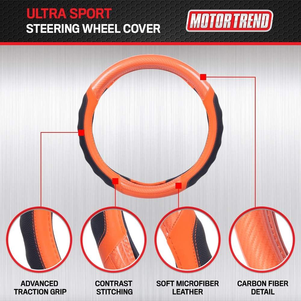 imageMotor Trend SW812 Orange Ultra Sport Pebbled Leather Steering Wheel Cover with Carbon Fiber DetailUniversal Fit for Standard Sizes 145 to 155 inches BlackOrange UltraSport