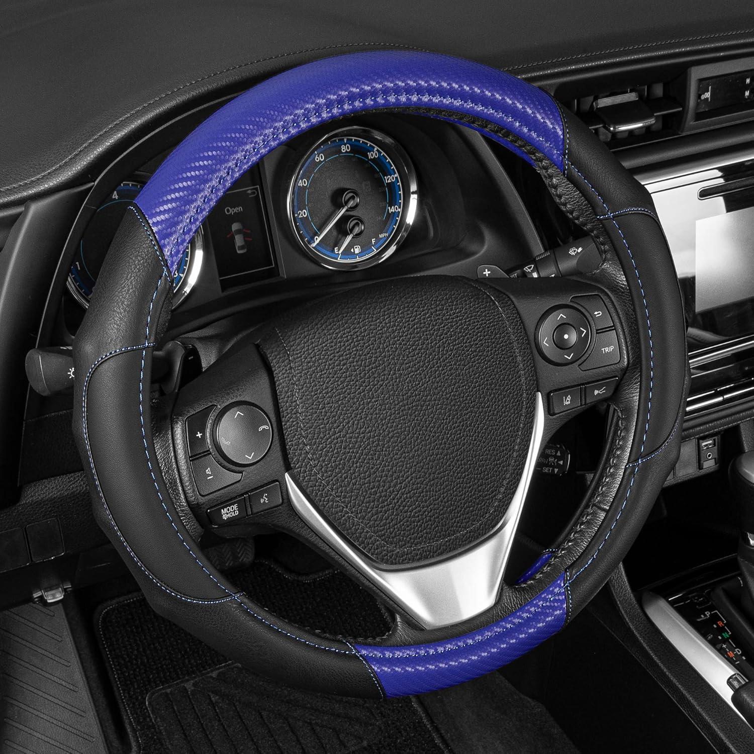 imageMotor Trend SW812 Orange Ultra Sport Pebbled Leather Steering Wheel Cover with Carbon Fiber DetailUniversal Fit for Standard Sizes 145 to 155 inches BlackBlue GripDrive