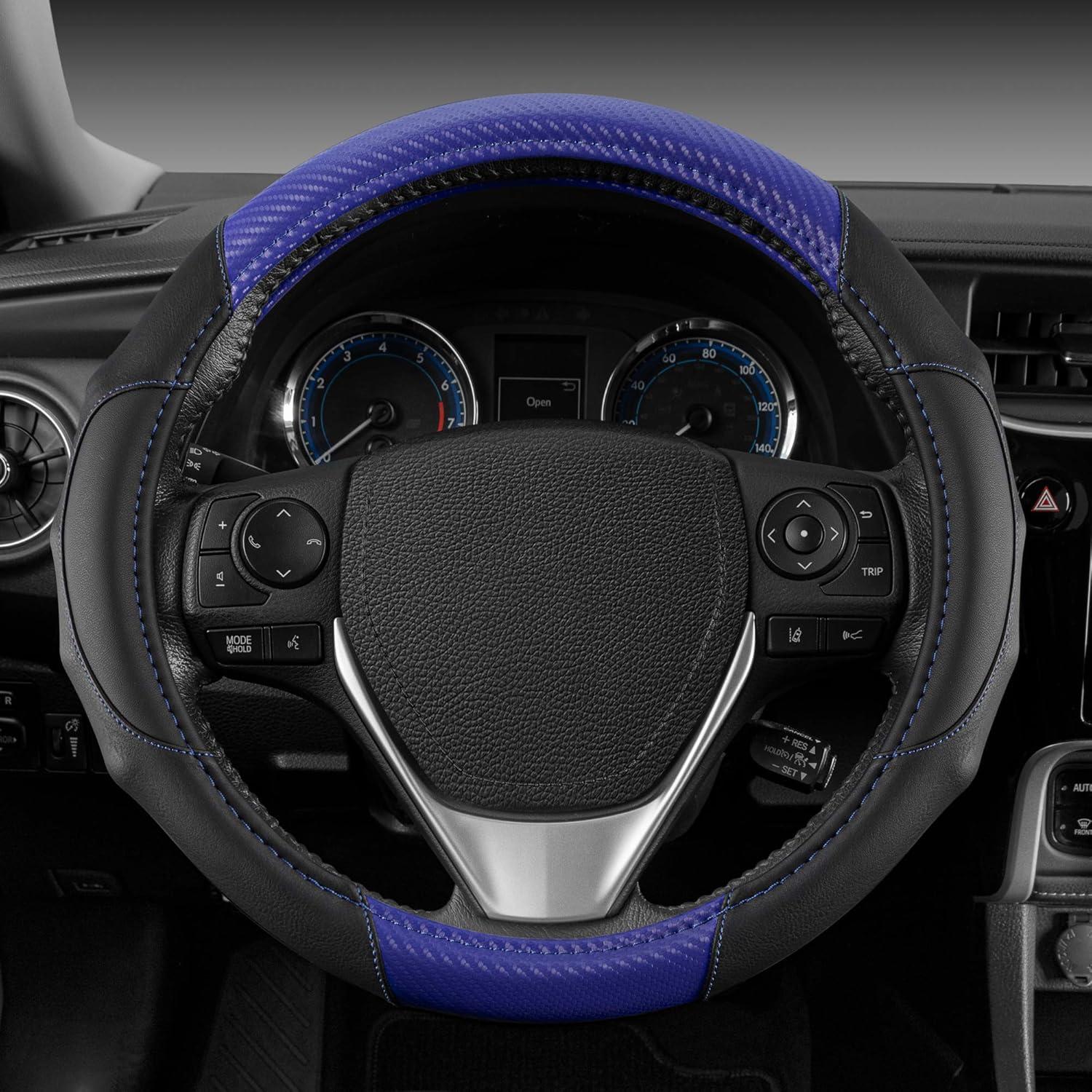 imageMotor Trend SW812 Orange Ultra Sport Pebbled Leather Steering Wheel Cover with Carbon Fiber DetailUniversal Fit for Standard Sizes 145 to 155 inches BlackBlue GripDrive