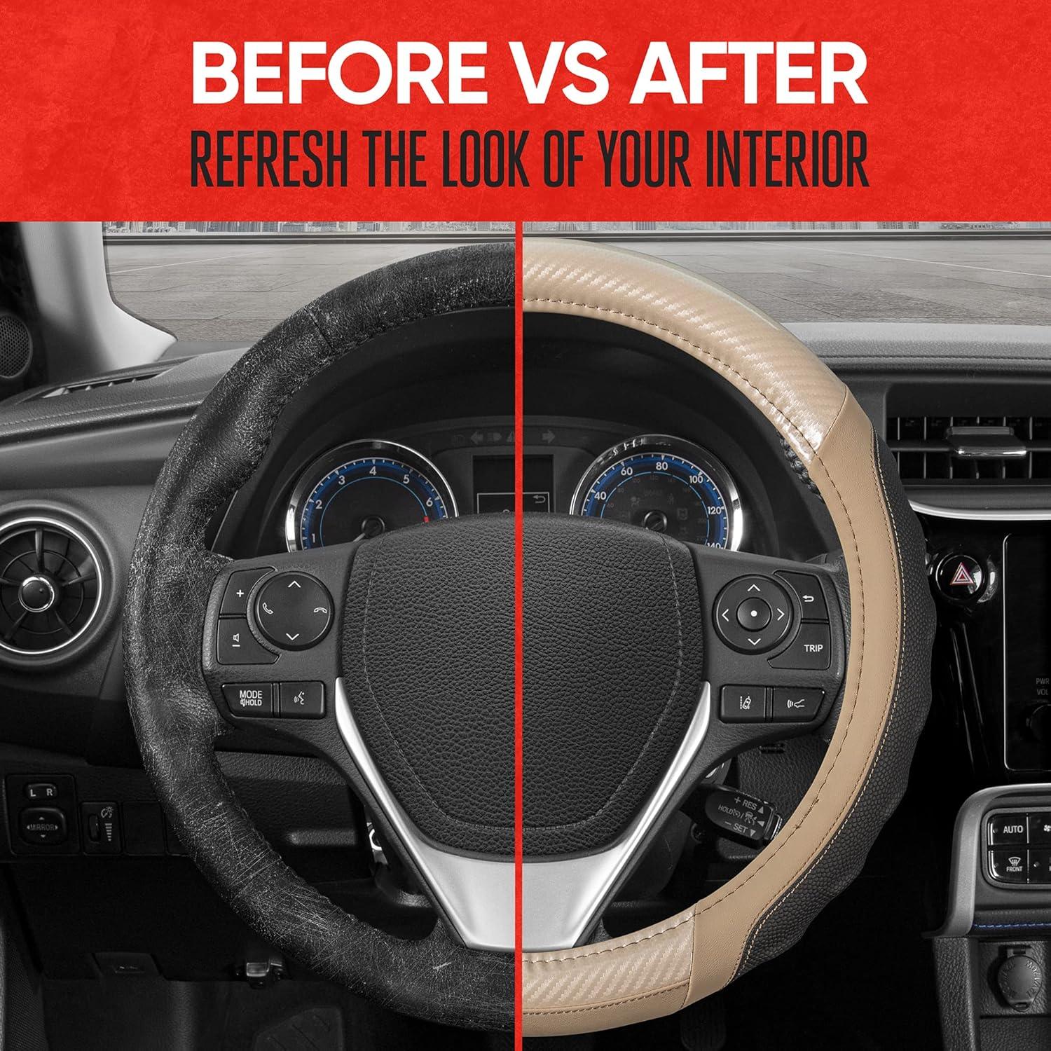 imageMotor Trend SW812 Orange Ultra Sport Pebbled Leather Steering Wheel Cover with Carbon Fiber DetailUniversal Fit for Standard Sizes 145 to 155 inches BlackBeige UltraSport