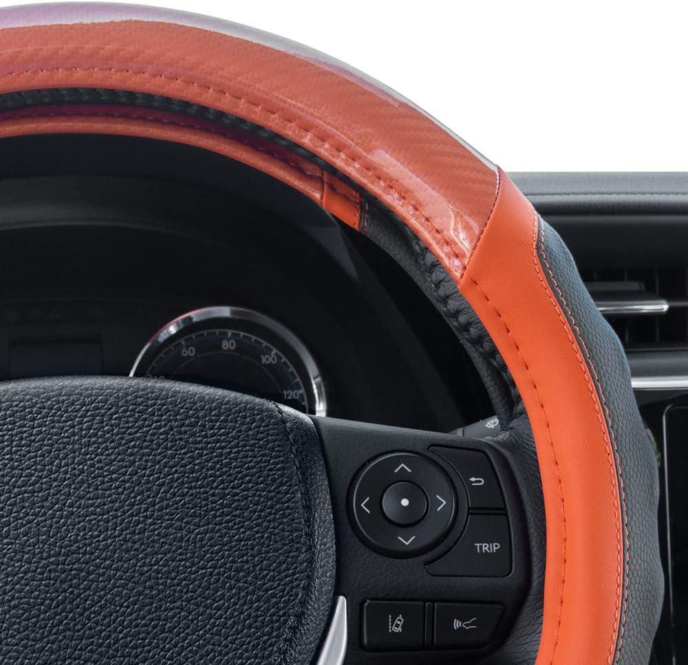 imageMotor Trend SW812 Orange Ultra Sport Pebbled Leather Steering Wheel Cover with Carbon Fiber DetailUniversal Fit for Standard Sizes 145 to 155 inches BlackOrange UltraSport