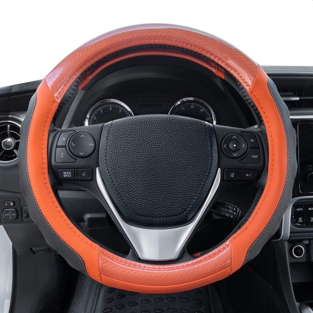 imageMotor Trend SW812 Orange Ultra Sport Pebbled Leather Steering Wheel Cover with Carbon Fiber DetailUniversal Fit for Standard Sizes 145 to 155 inches BlackOrange UltraSport