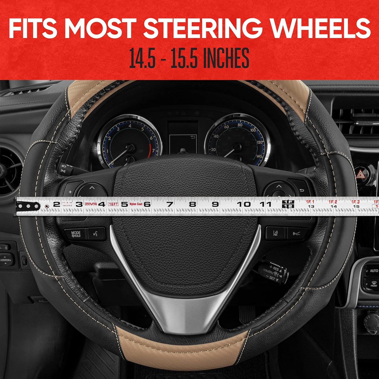 imageMotor Trend SW812 Orange Ultra Sport Pebbled Leather Steering Wheel Cover with Carbon Fiber DetailUniversal Fit for Standard Sizes 145 to 155 inches BlackBeige GripDrive