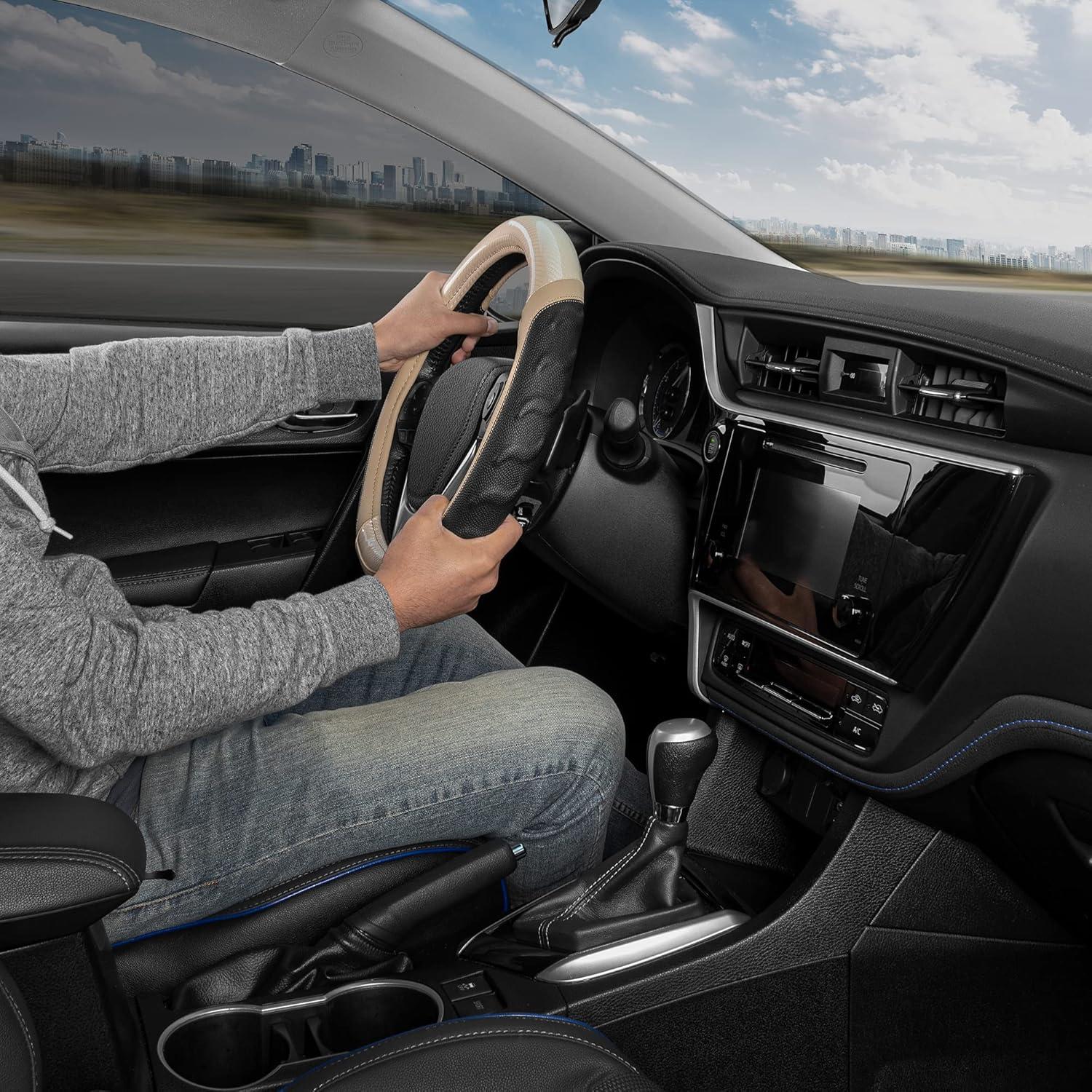 imageMotor Trend SW812 Orange Ultra Sport Pebbled Leather Steering Wheel Cover with Carbon Fiber DetailUniversal Fit for Standard Sizes 145 to 155 inches BlackBeige UltraSport