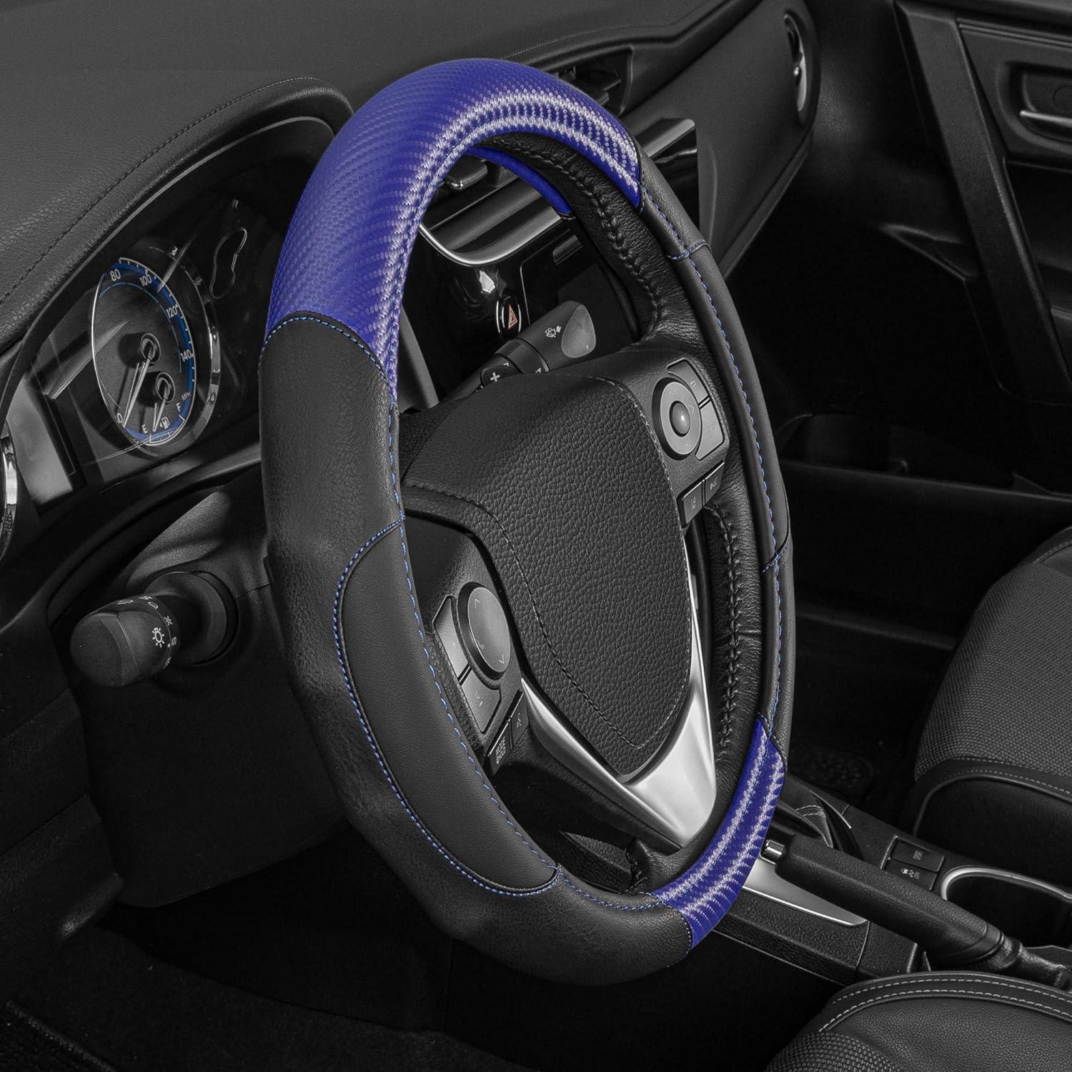 imageMotor Trend SW812 Orange Ultra Sport Pebbled Leather Steering Wheel Cover with Carbon Fiber DetailUniversal Fit for Standard Sizes 145 to 155 inches BlackBlue GripDrive