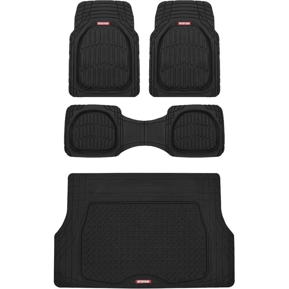 imageMotor Trend FlexTough 4Piece Heavy Duty Floor Mats for Cars Trucks SUVs Automotive Floor Mats Car Mats Full Set Front Rear ampamp Cargo TrimToFit SemiCustom Deep Dish All Weather Rubber Mats  BlackBlack